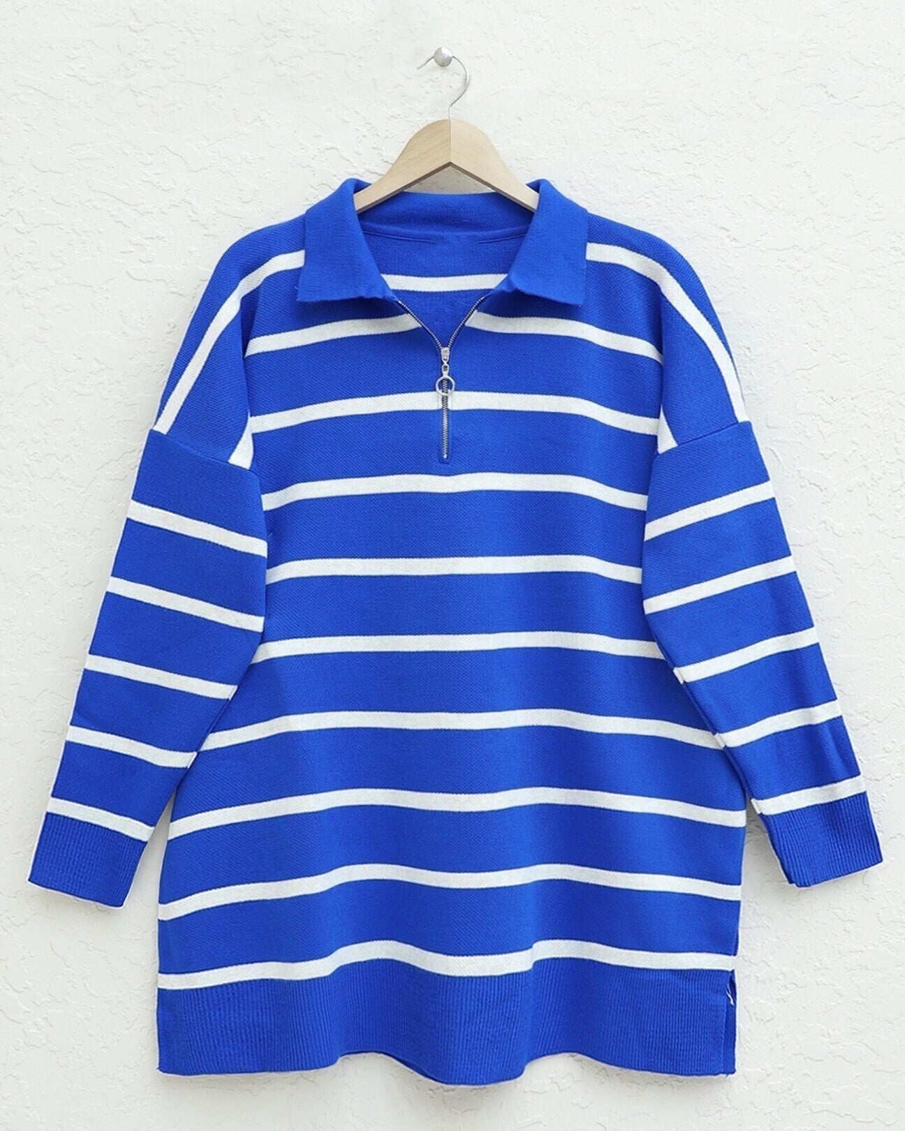 Polo Yaka Fermuarlı Triko Tunik -Saks