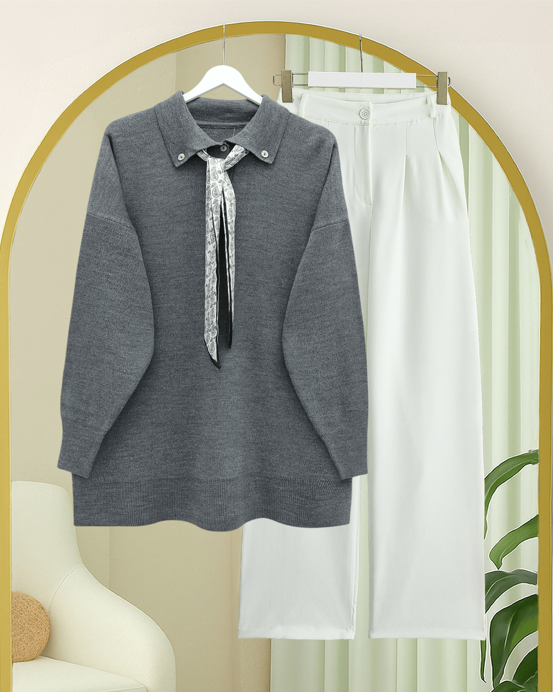 Polo Yaka Fularlı Yırtmaçlı Salaş Triko Tunik  -Füme