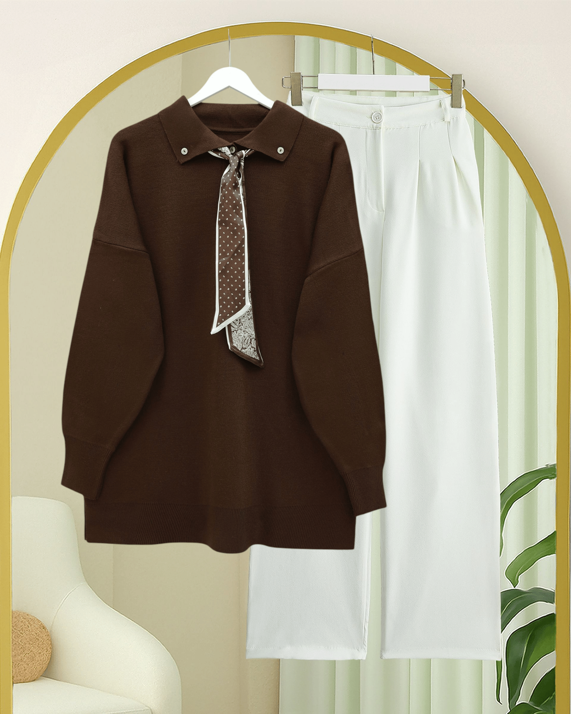Polo Yaka Fularlı Yırtmaçlı Salaş Triko Tunik  -Kahve