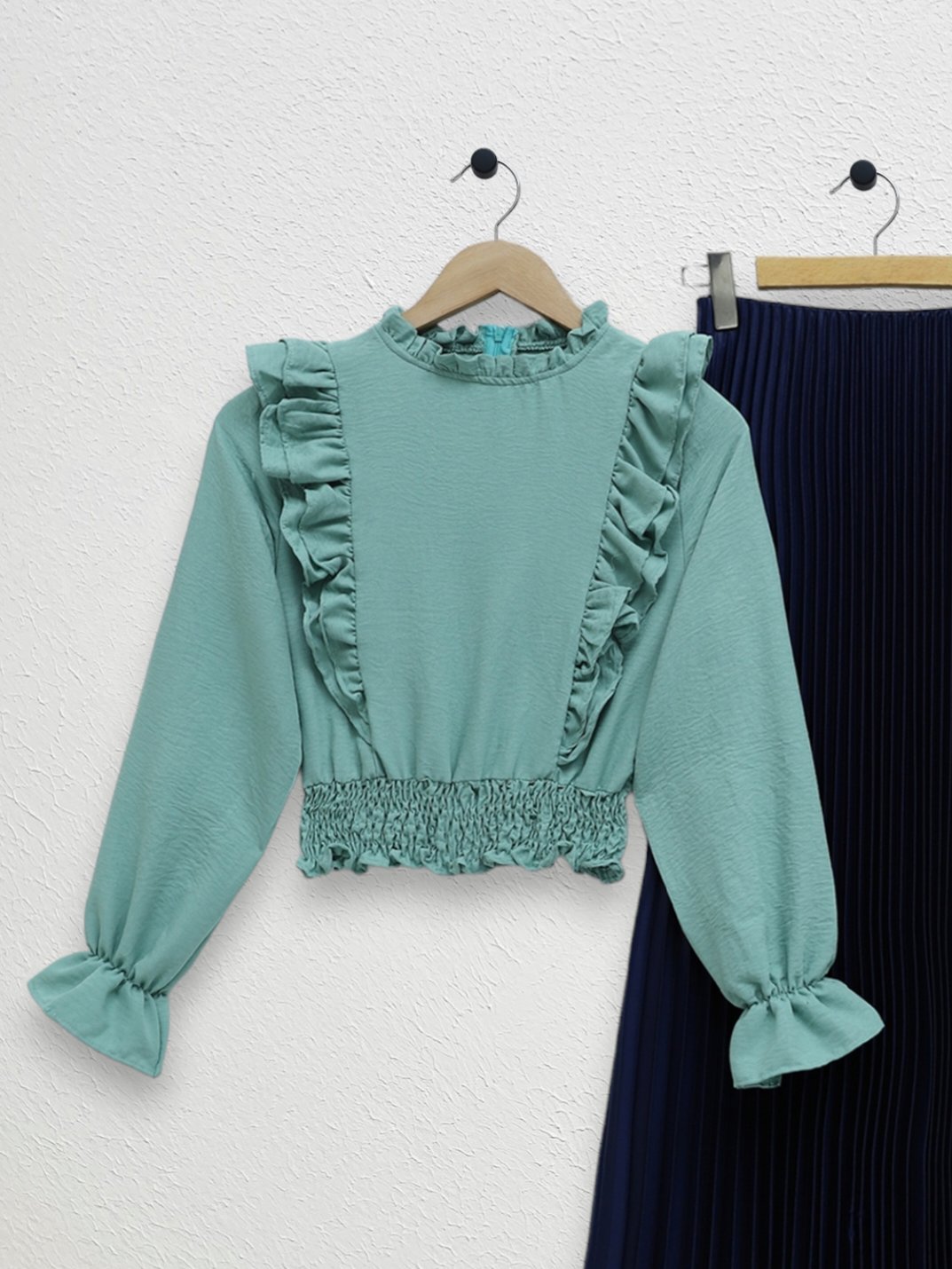 Robadan Fırfırlı Beli Büzgülü Ayrobin Bluz  -Mint