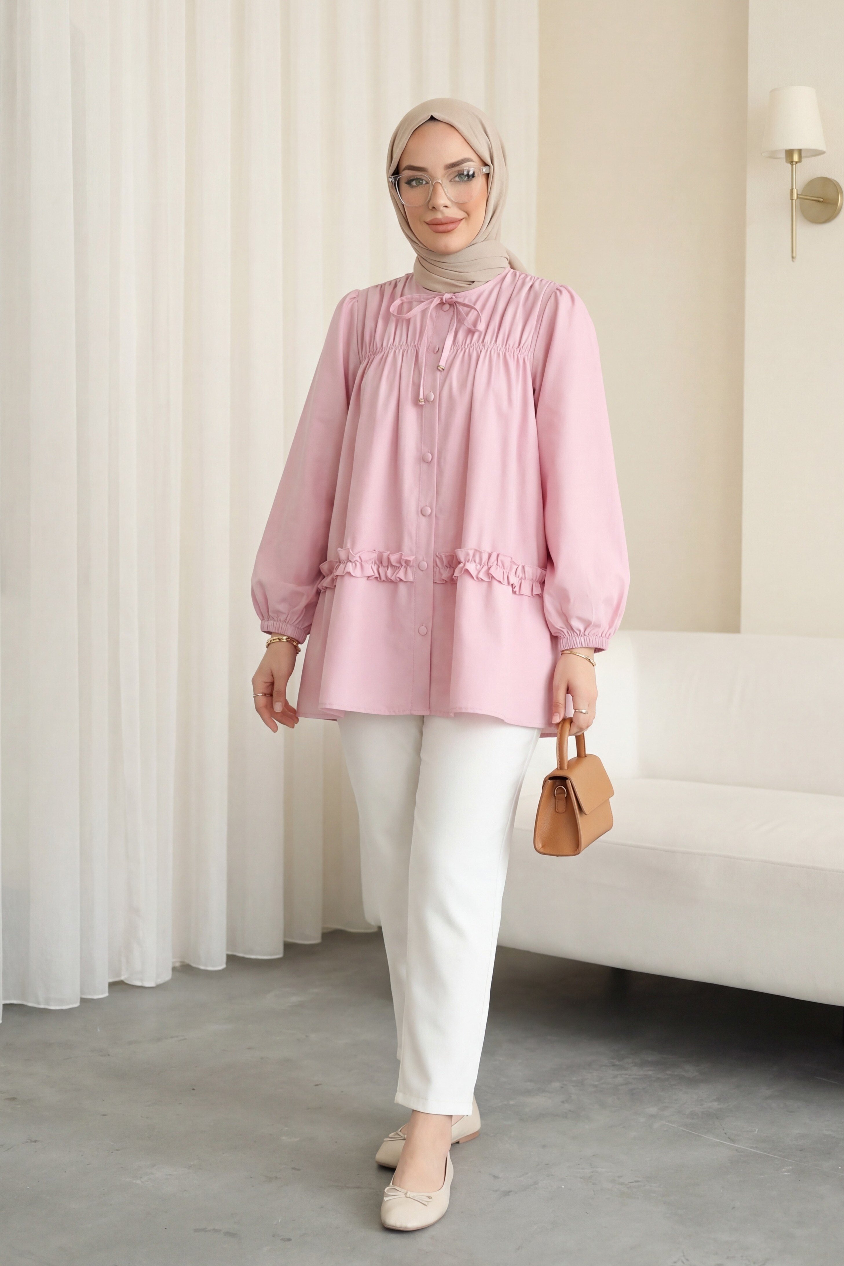 Robadan Lastikli Eteği Fırfırlı Düğmeli Poplin Tunik -Pembe