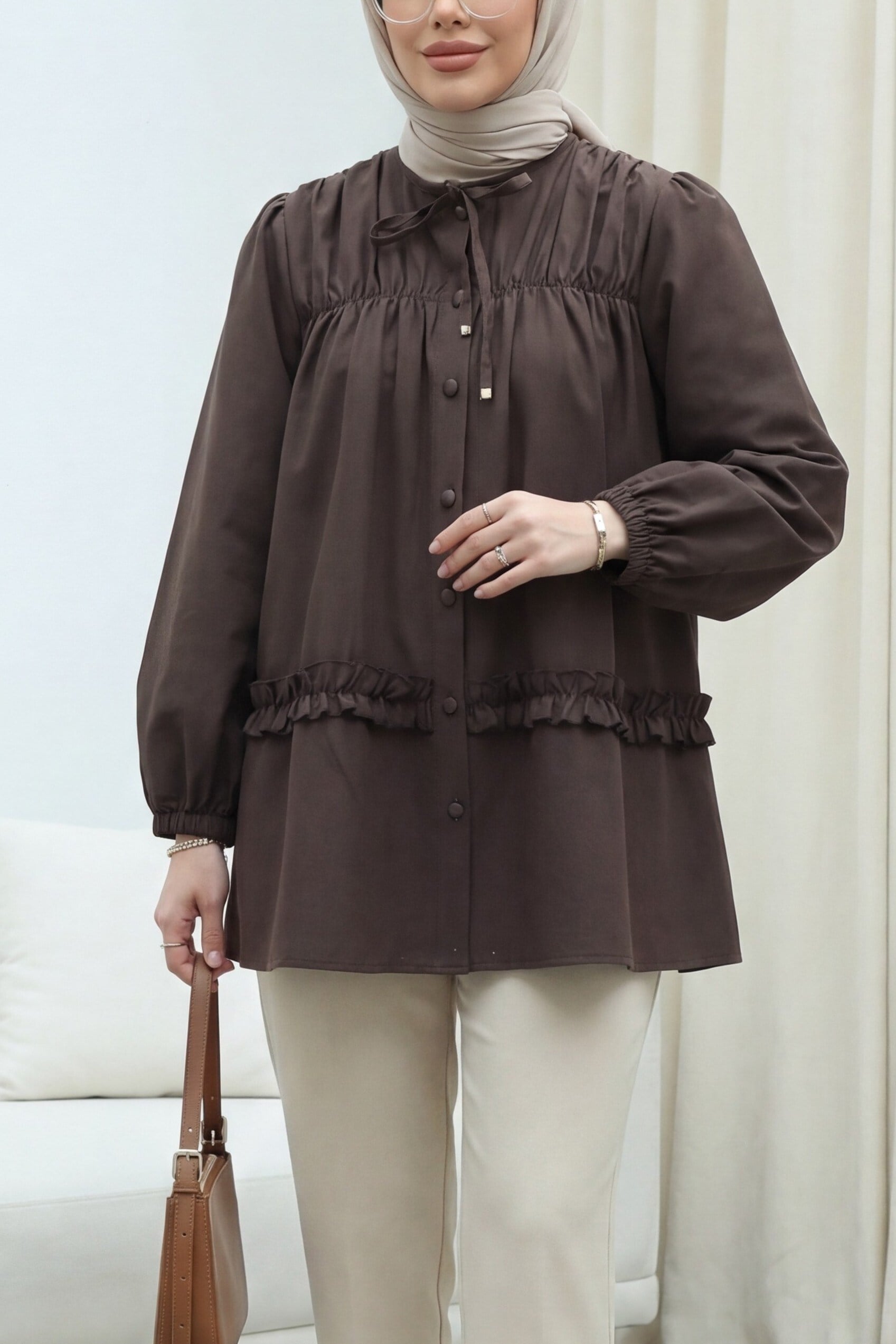 Robadan Lastikli Eteği Fırfırlı Düğmeli Poplin Tunik -K. Kahve