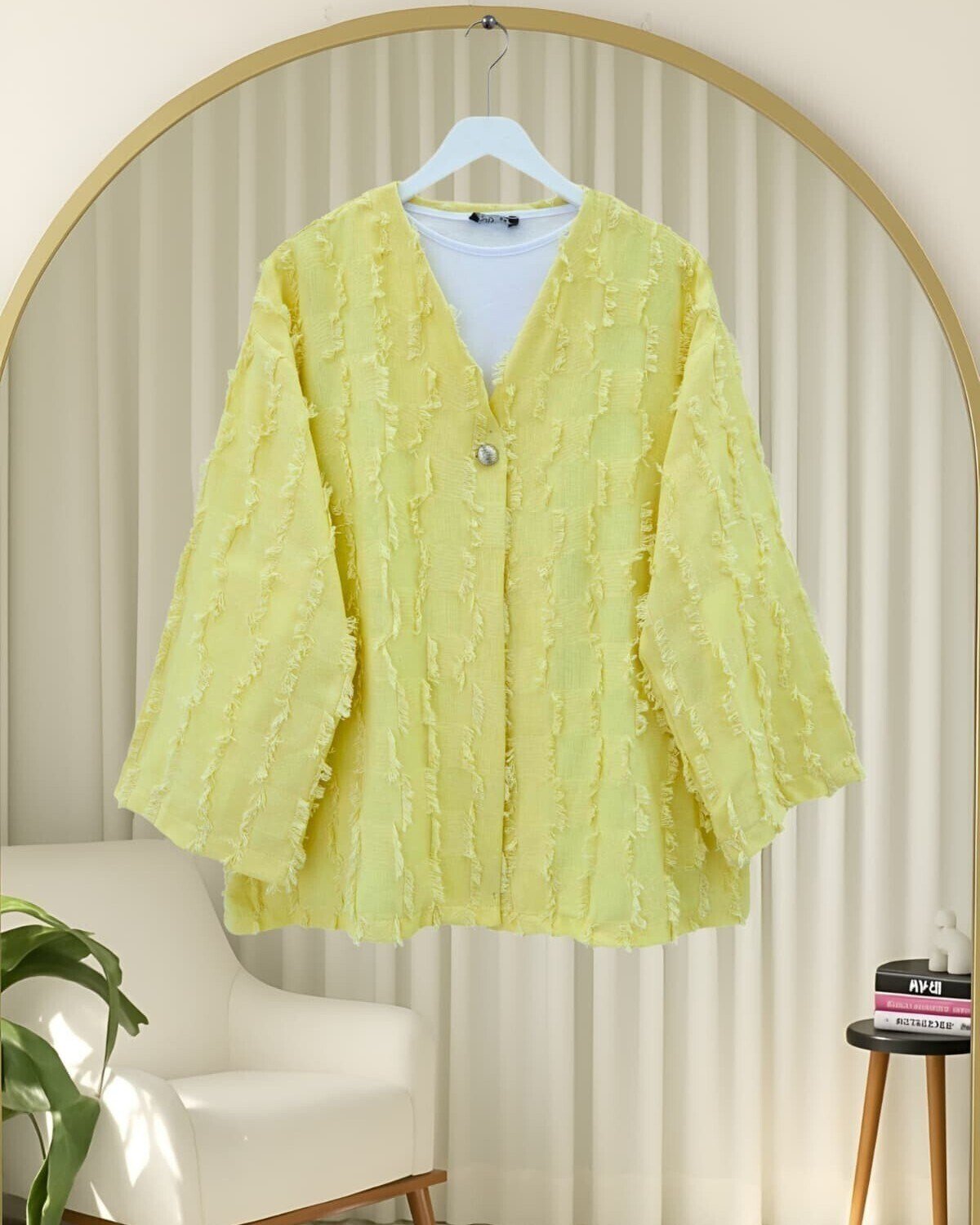 Saçaklı Tek Düğmeli Kare Desenli Kimono -Sarı