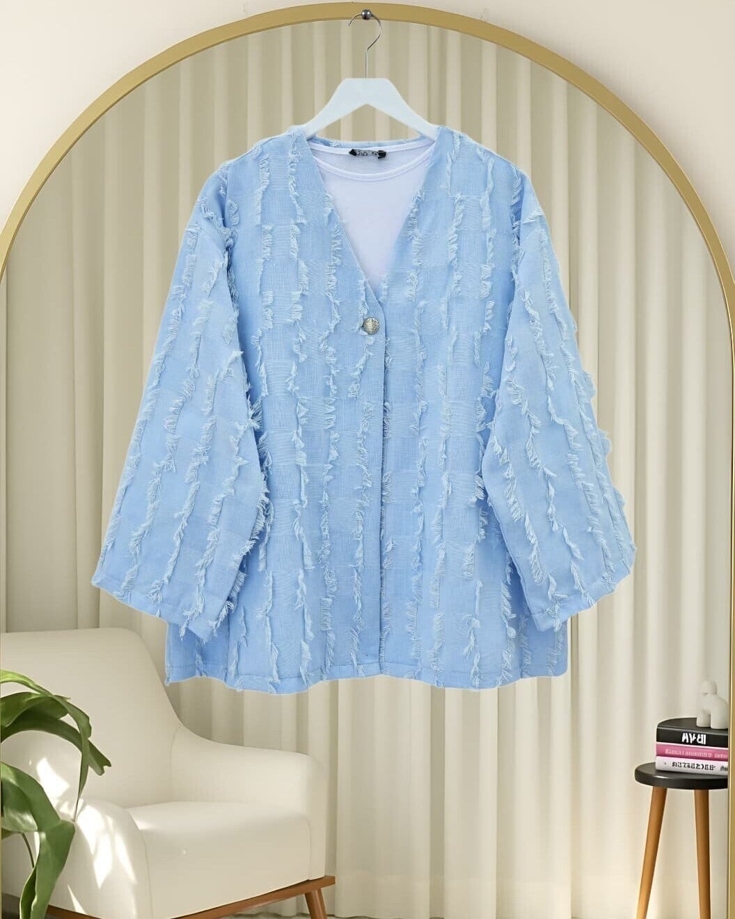 Saçaklı Tek Düğmeli Kare Desenli Kimono -Bebe Mavi