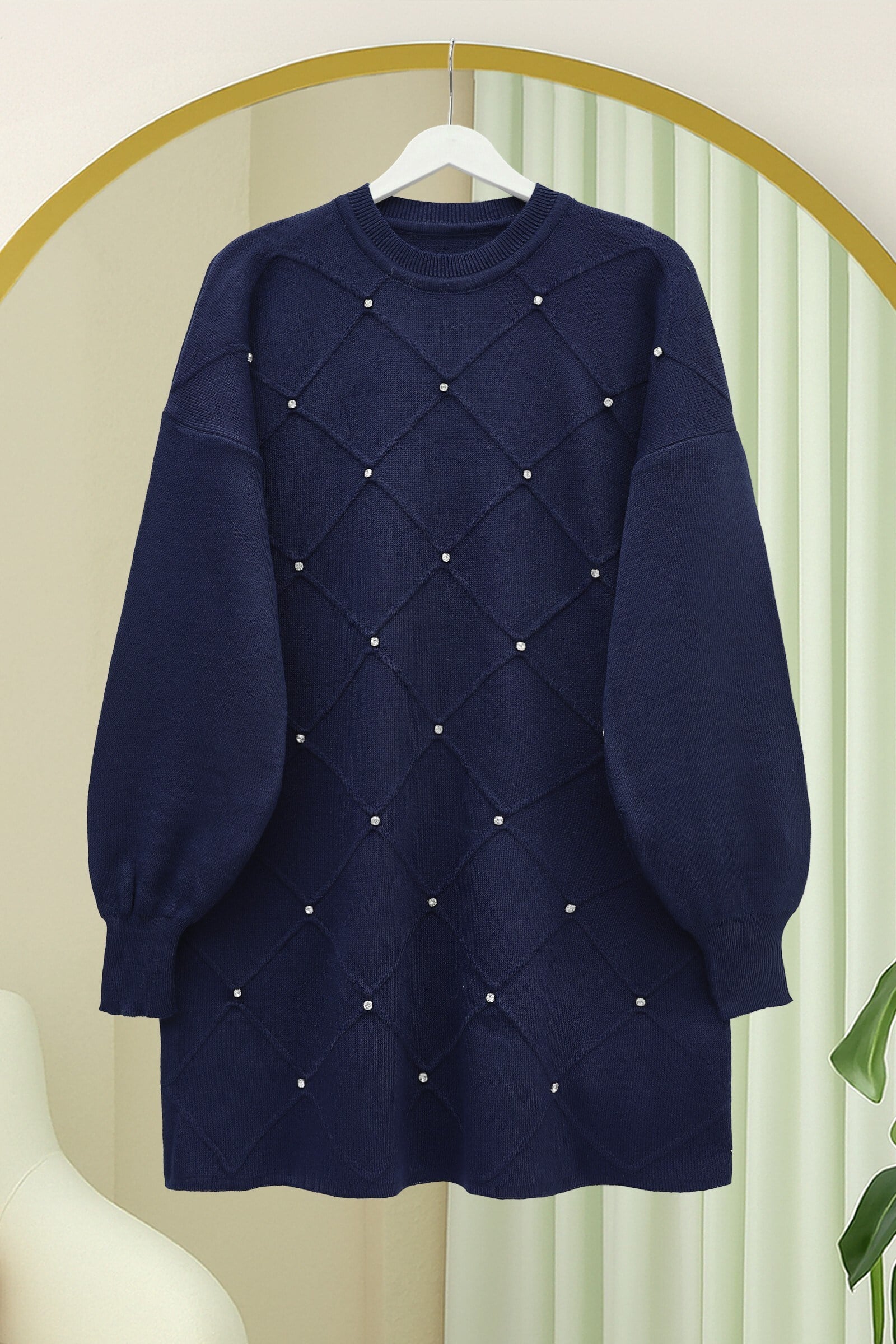 Taş Detaylı Kare Desenli Triko Tunik -Laci