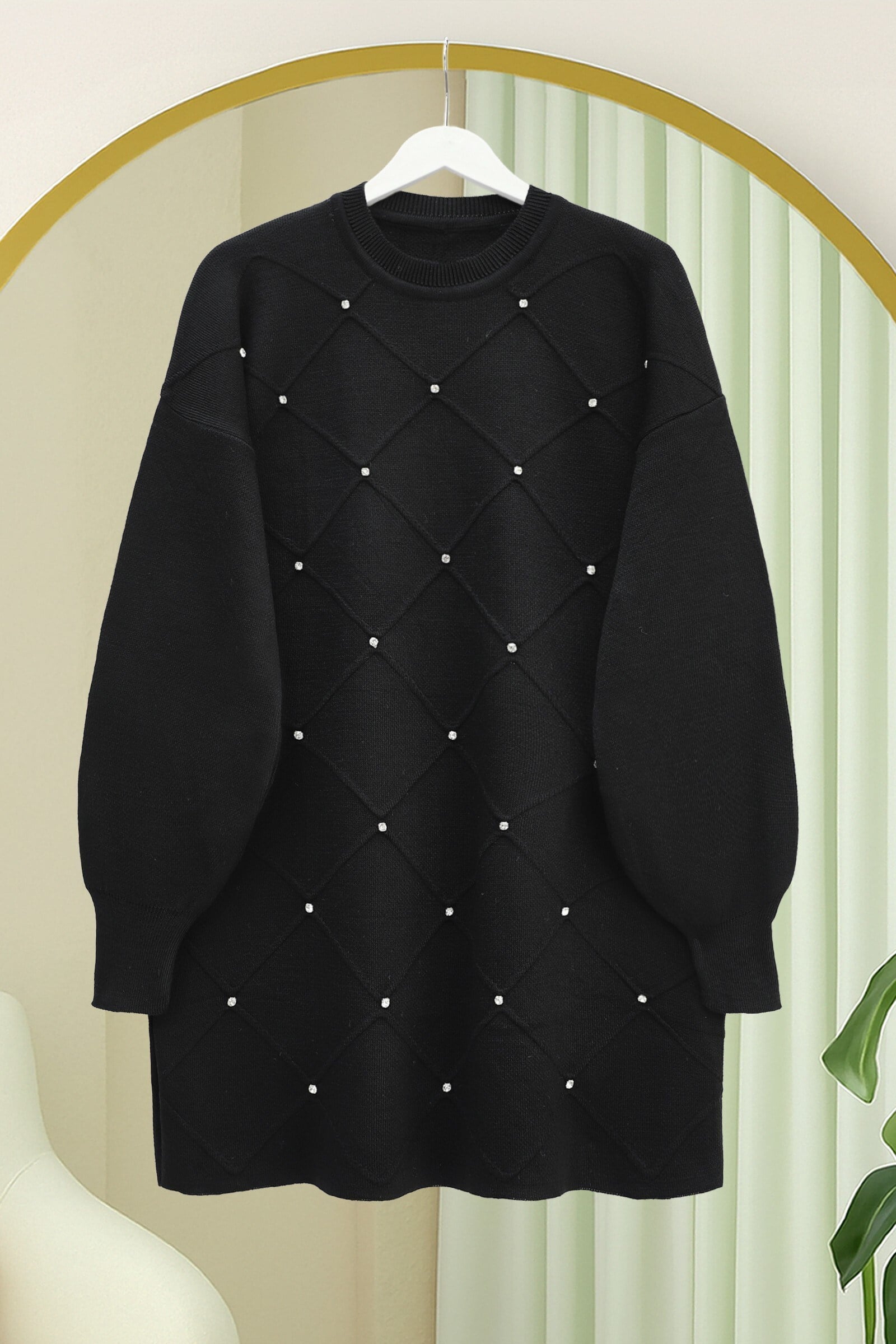 Taş Detaylı Kare Desenli Triko Tunik -Siyah