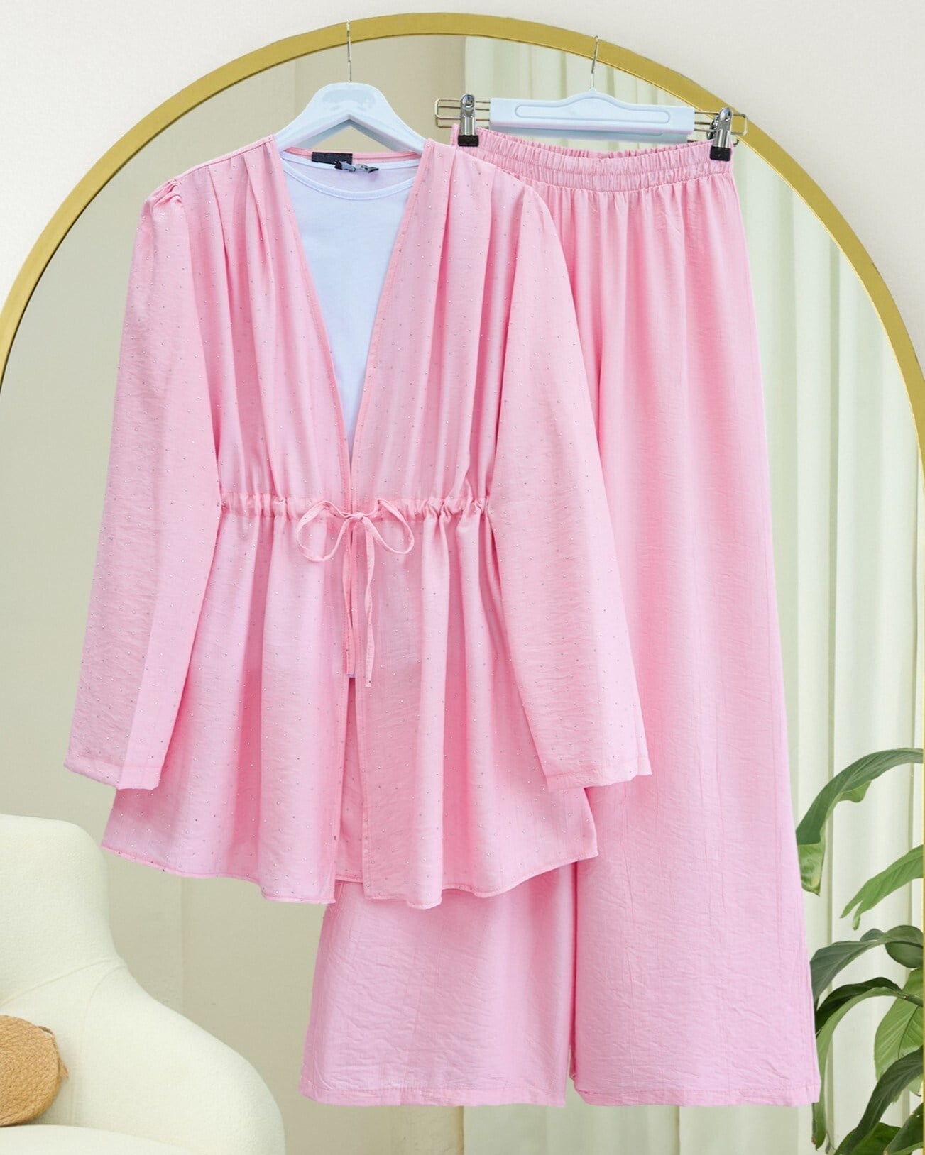 Taşlı Bol Paça Pantolonlu Tünel Bağcıklı Kimono Takım -Pembe