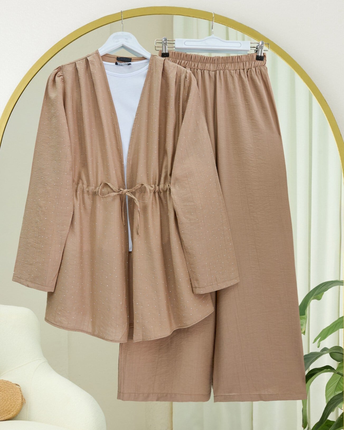 Taşlı Bol Paça Pantolonlu Tünel Bağcıklı Kimono Takım -Vizon