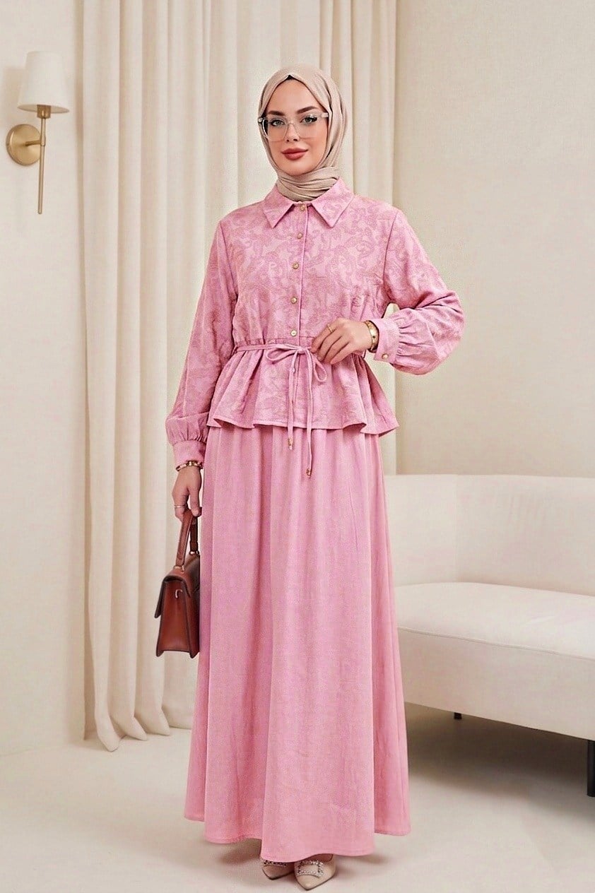 Taşlı Düğmeli Beli Bağlamalı Etekli Jakar Takım  -Pembe