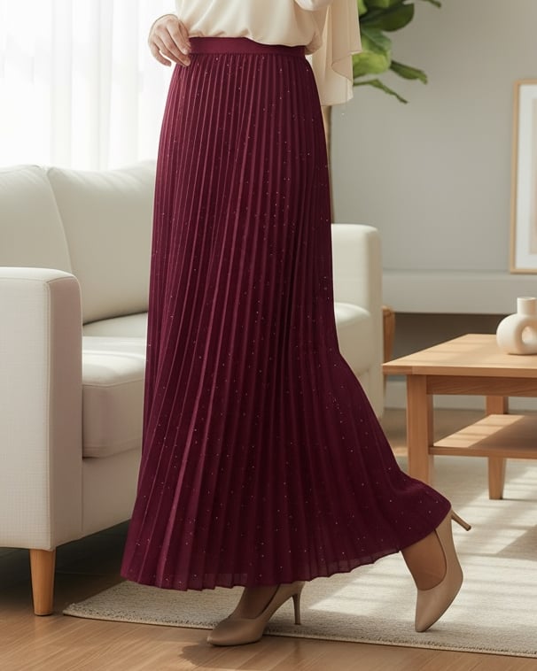Taşlı Pliseli  Etek -Bordo