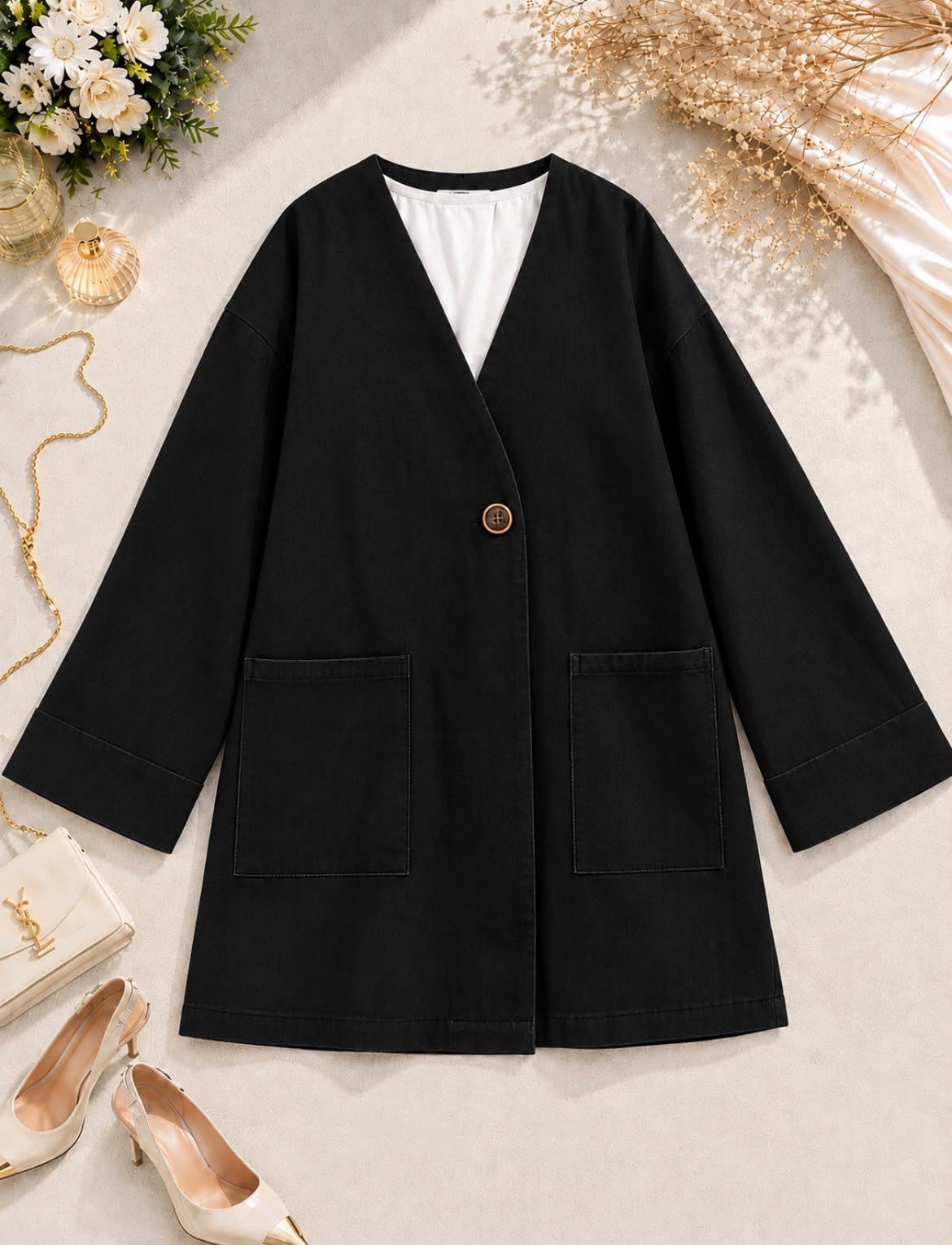 Tek Düğme Detaylı Cepli Tensel Kot Kimono - Siyah