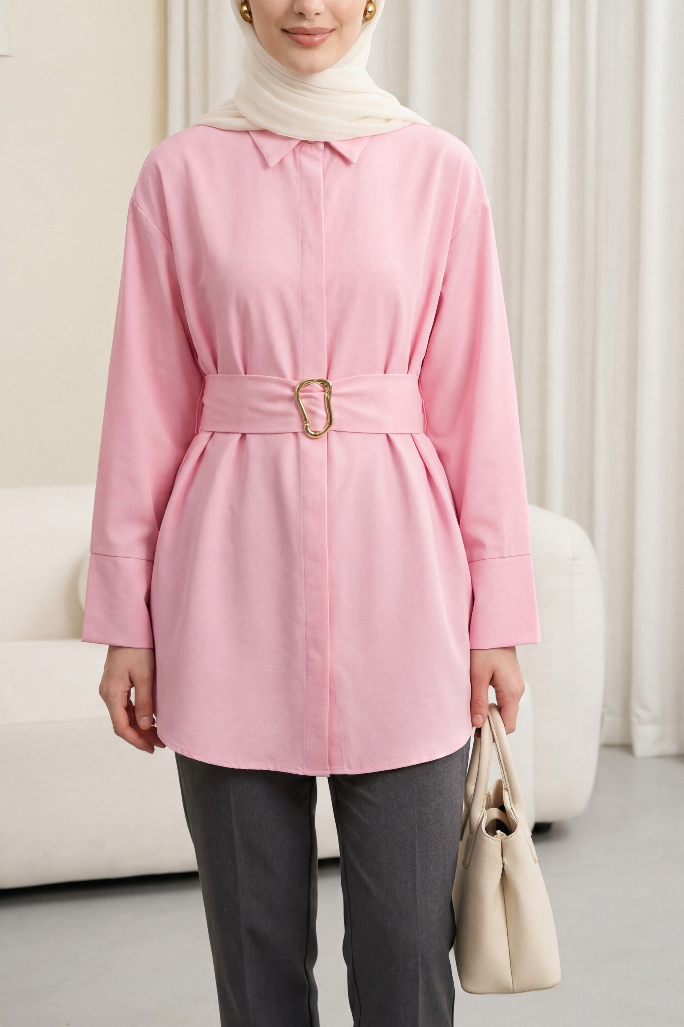 Tokalı Kemerli Duble Manşet Kol Gizli Düğmeli Poplin Tunik -Pembe