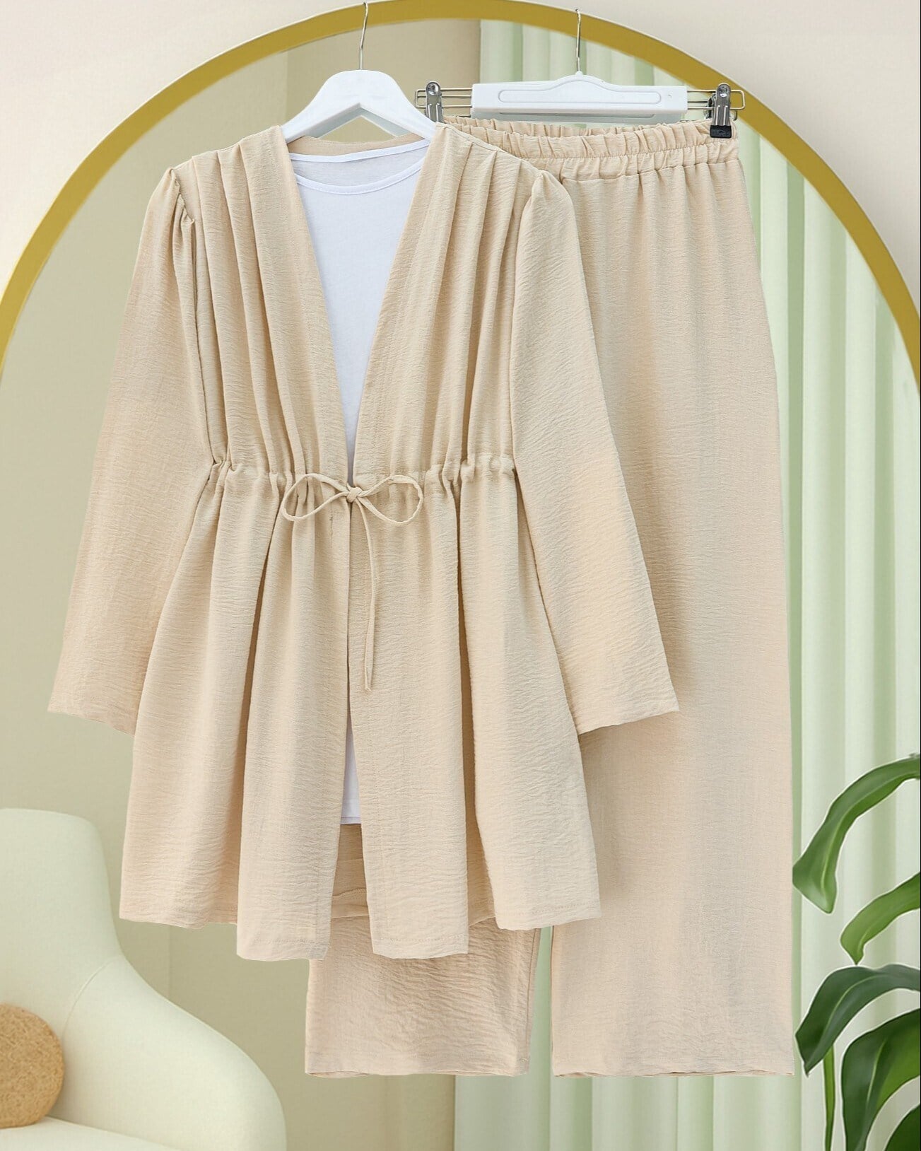 Tünel Bağcıklı Ayrobin Kimono Takım -Bej
