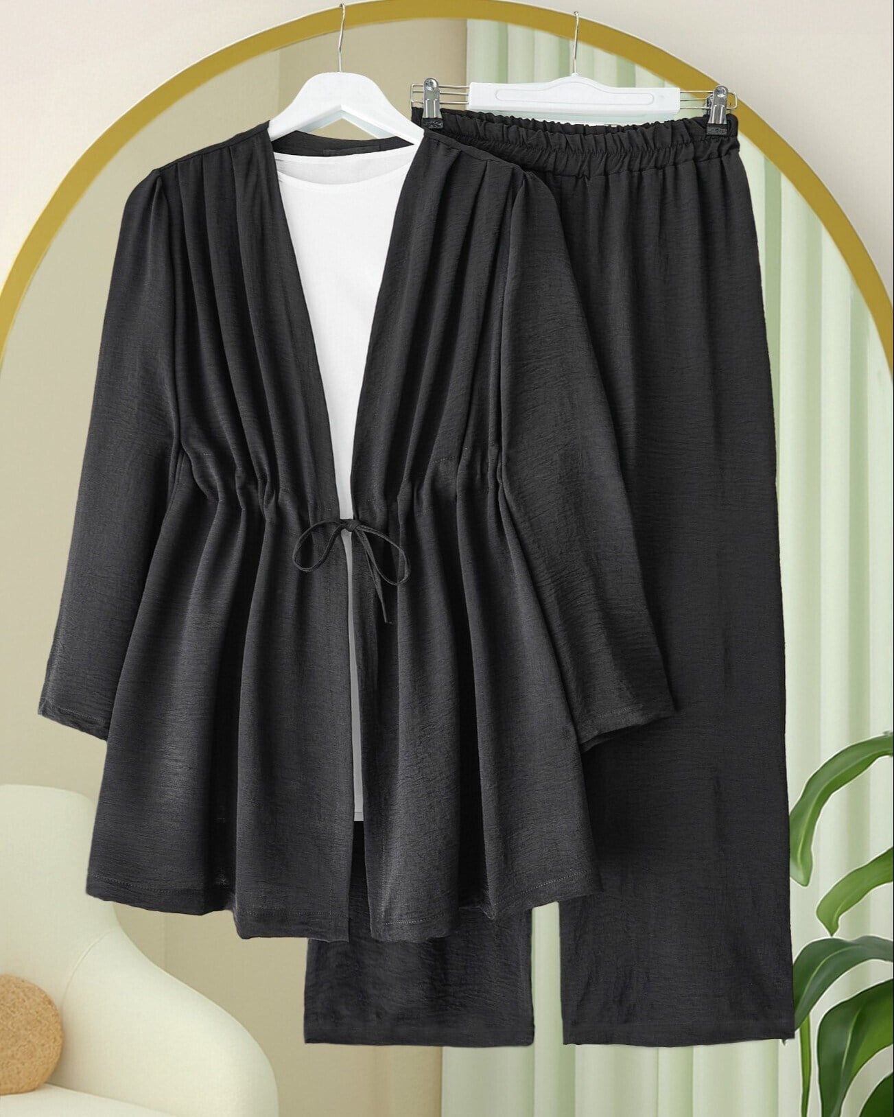 Tünel Bağcıklı Ayrobin Kimono Takım -Siyah
