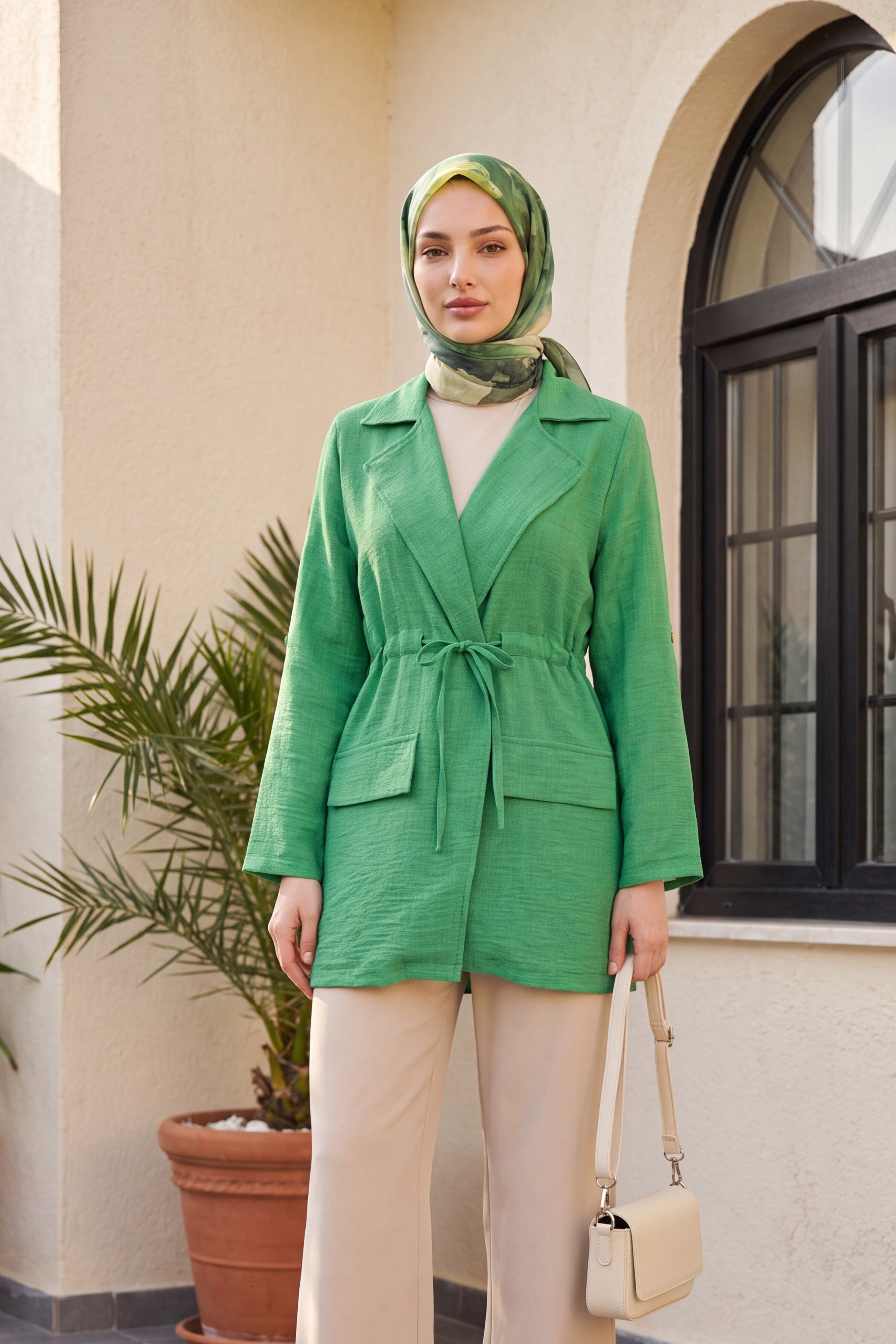 Tünel Bağcıklı Cep Detaylı Keten Görünümlü Kimono -Acık Yeşil