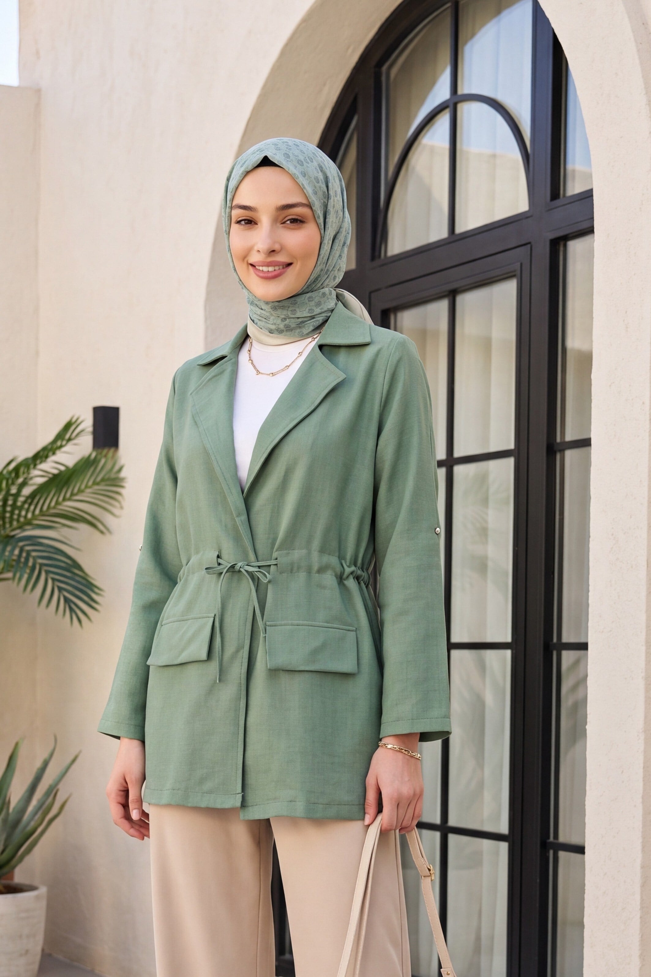 Tünel Bağcıklı Cep Detaylı Keten Görünümlü Kimono -Mint
