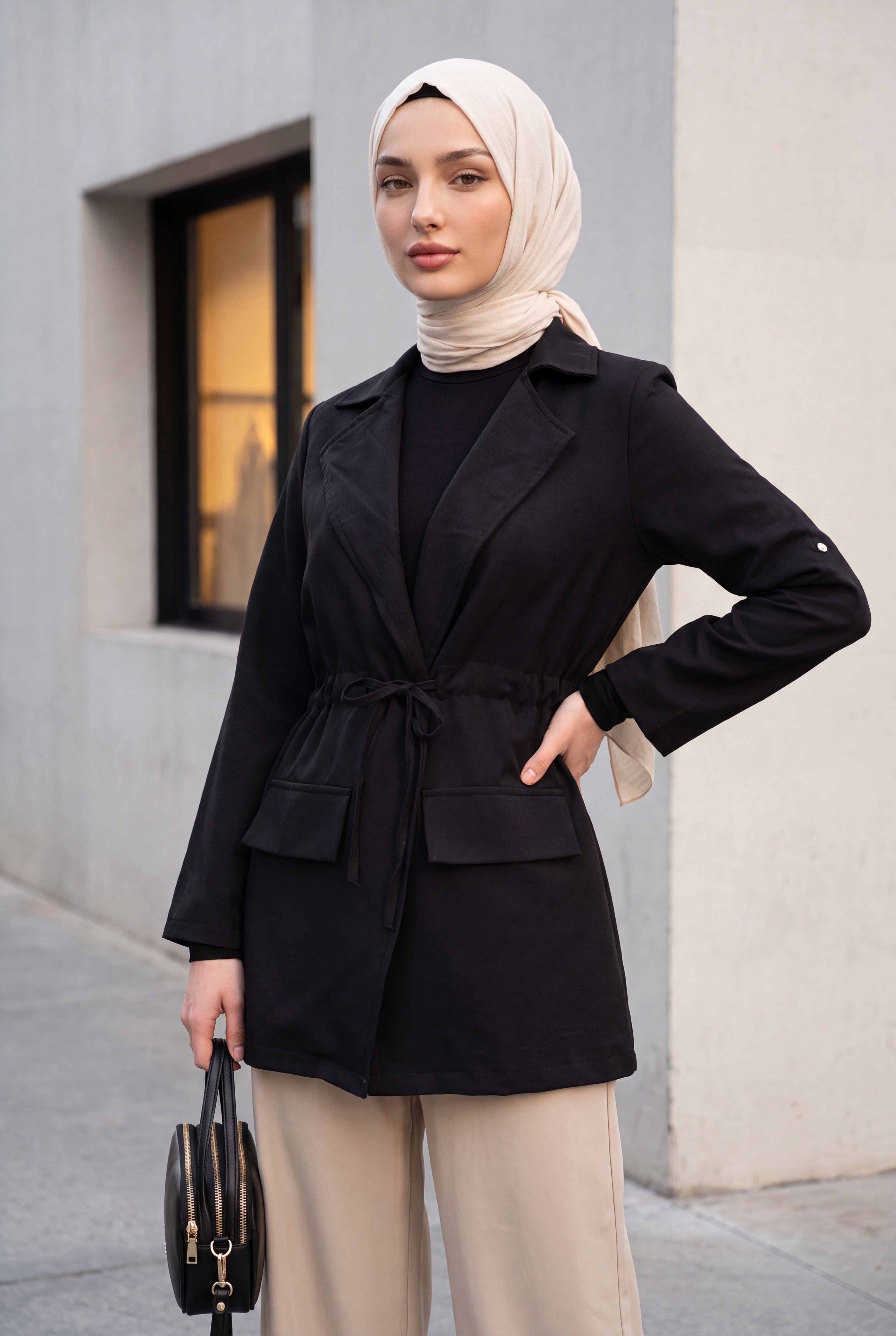 Tünel Bağcıklı Cep Detaylı Keten Görünümlü Kimono -Siyah