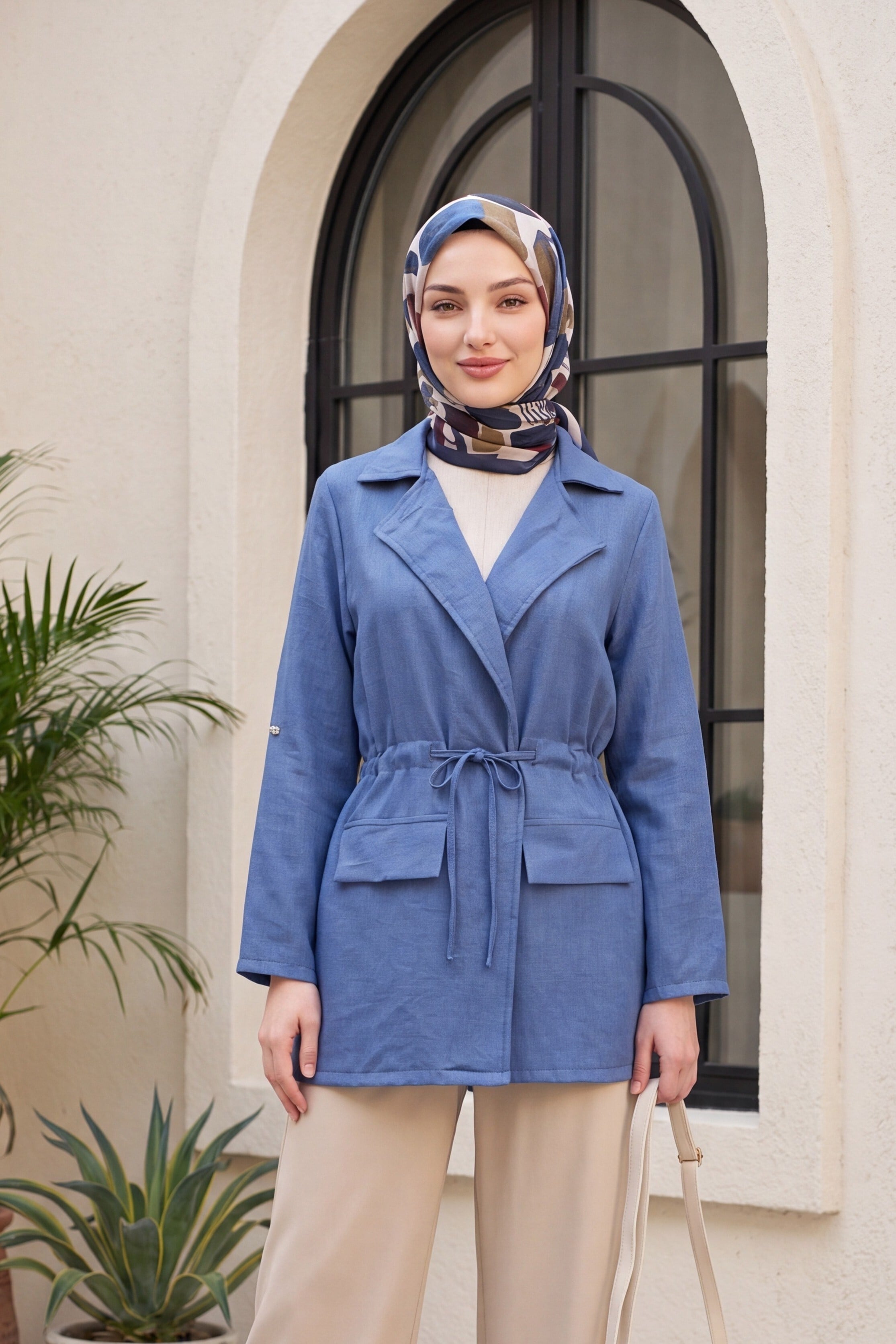 Tünel Bağcıklı Cep Detaylı Keten Görünümlü Kimono -İndigo