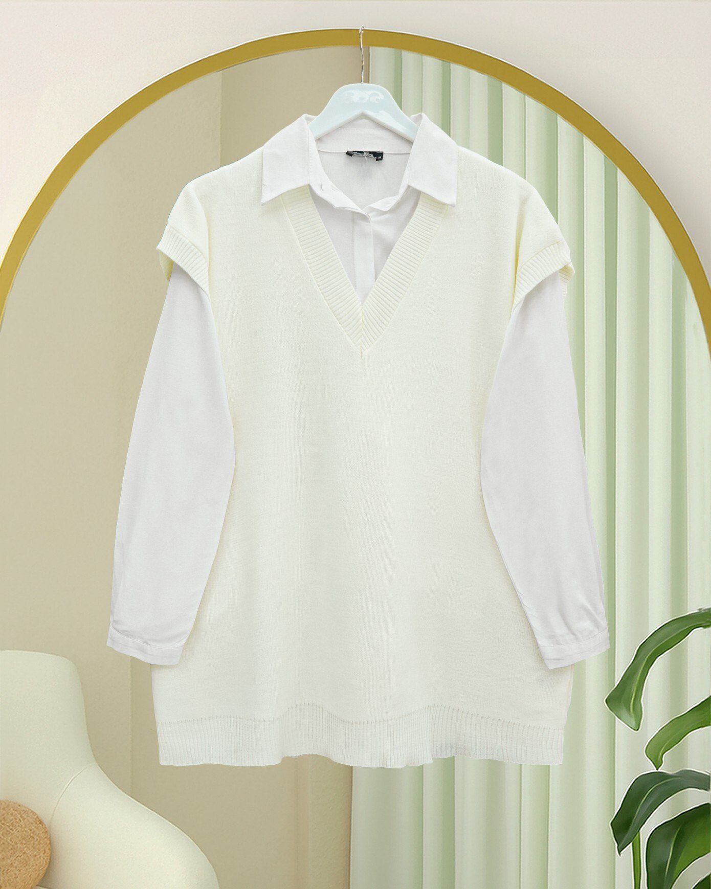 V Yaka Oversize Triko Süveter -Ekru