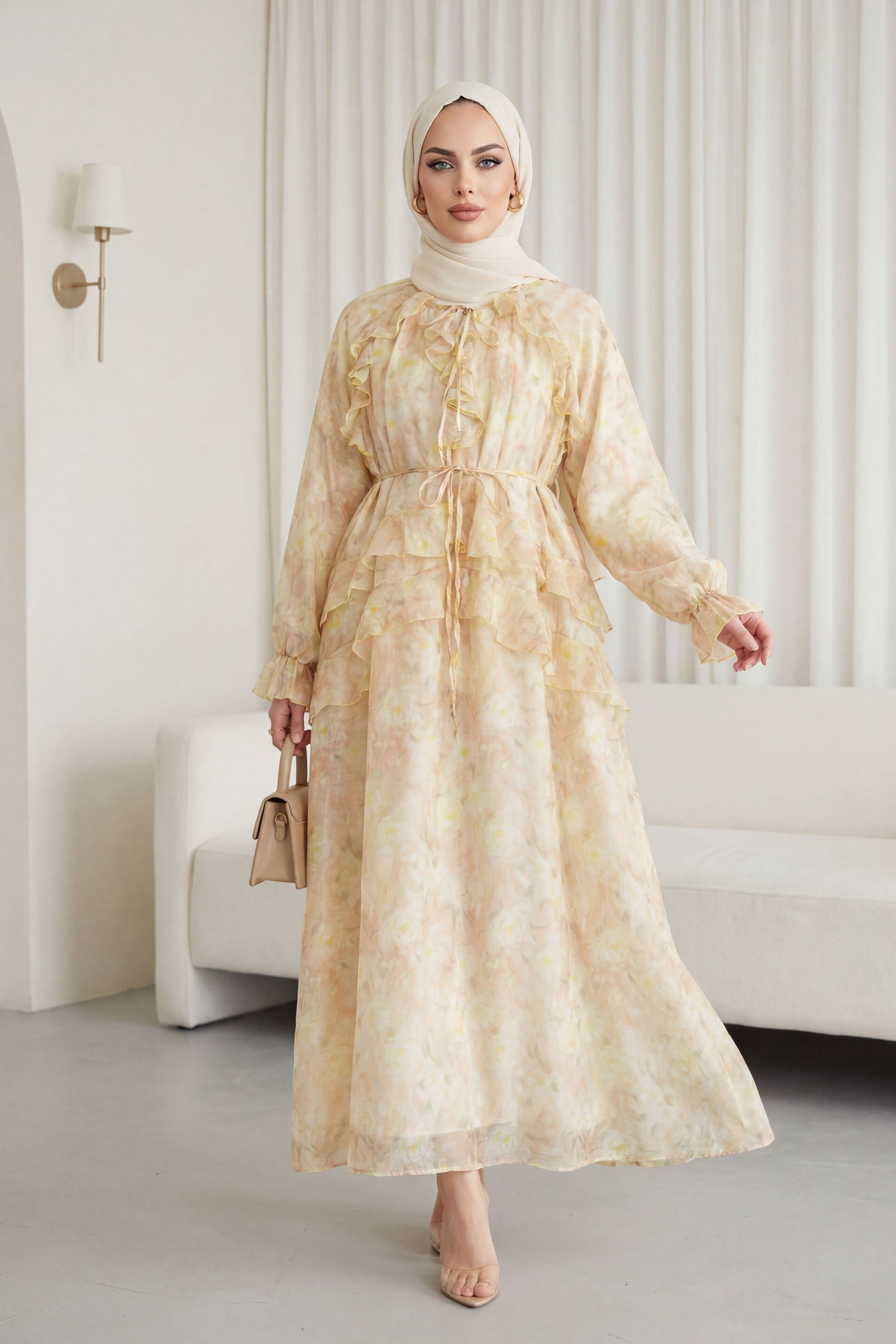 Yakası Bağcıklı Kolu Lastikli Fırfır Detaylı Astarlı Şifon Elbise -Somon