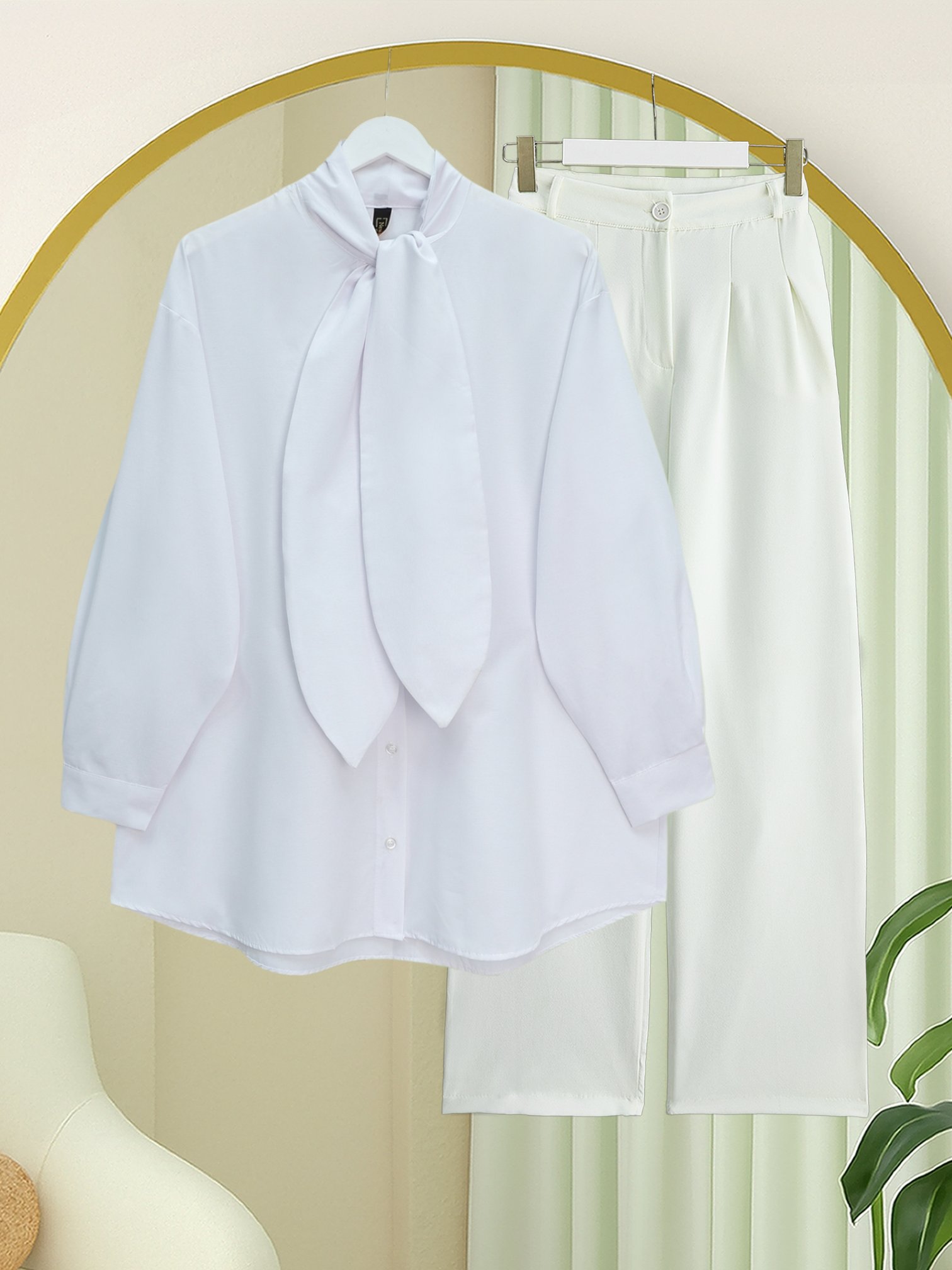 Yakası Bağlamalı Düğmeli Oversize Poplin Gömlek  -Beyaz