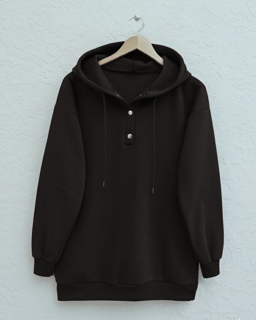 Yakası Çıtçıtlı Kapşonlu Şardonlu Üç İplik Sweat   -K. Kahve