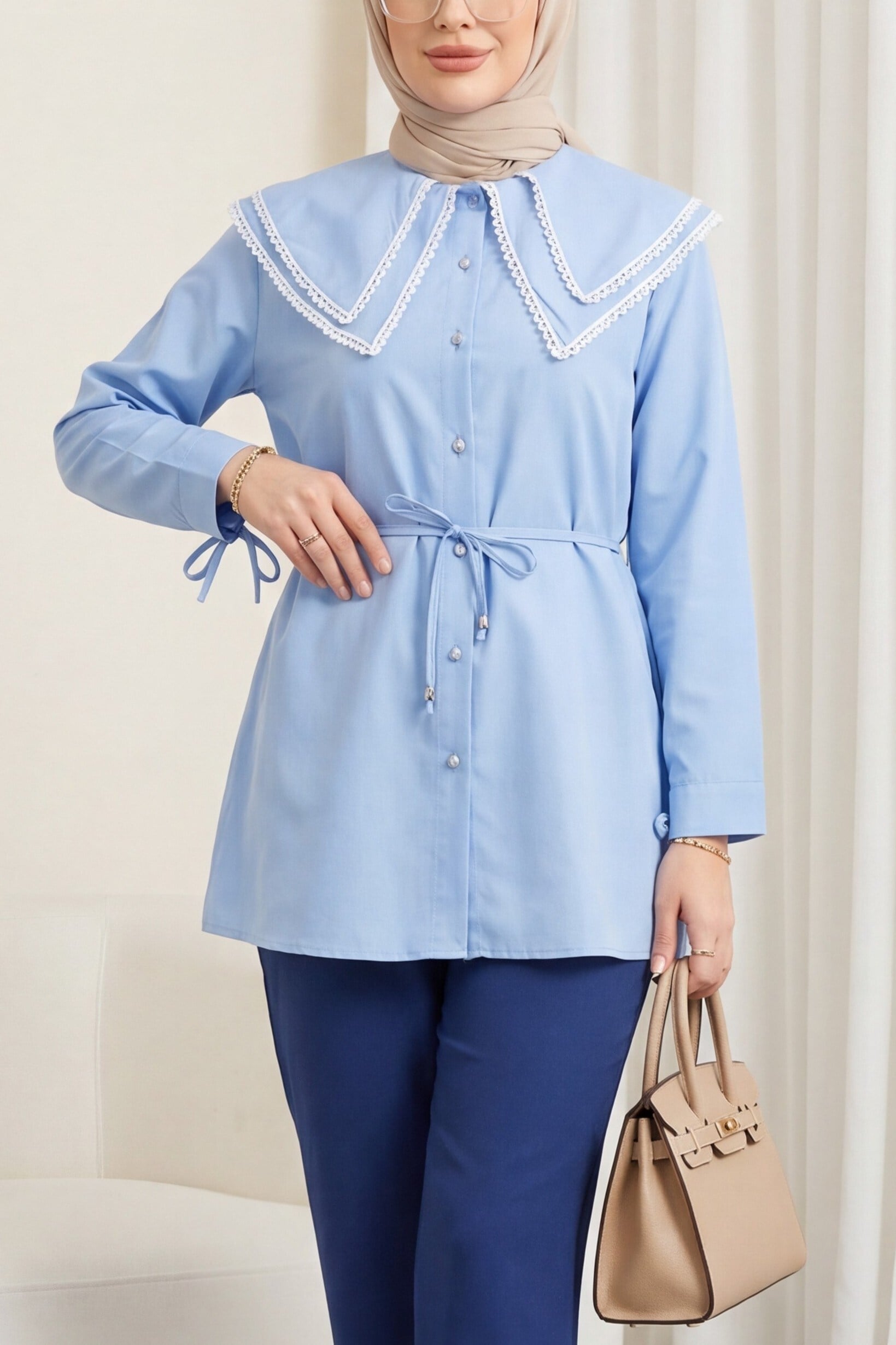 Yakası Dantelli Beli Ve Kolu Bağcıklı Poplin Tunik  -Açık Mavi