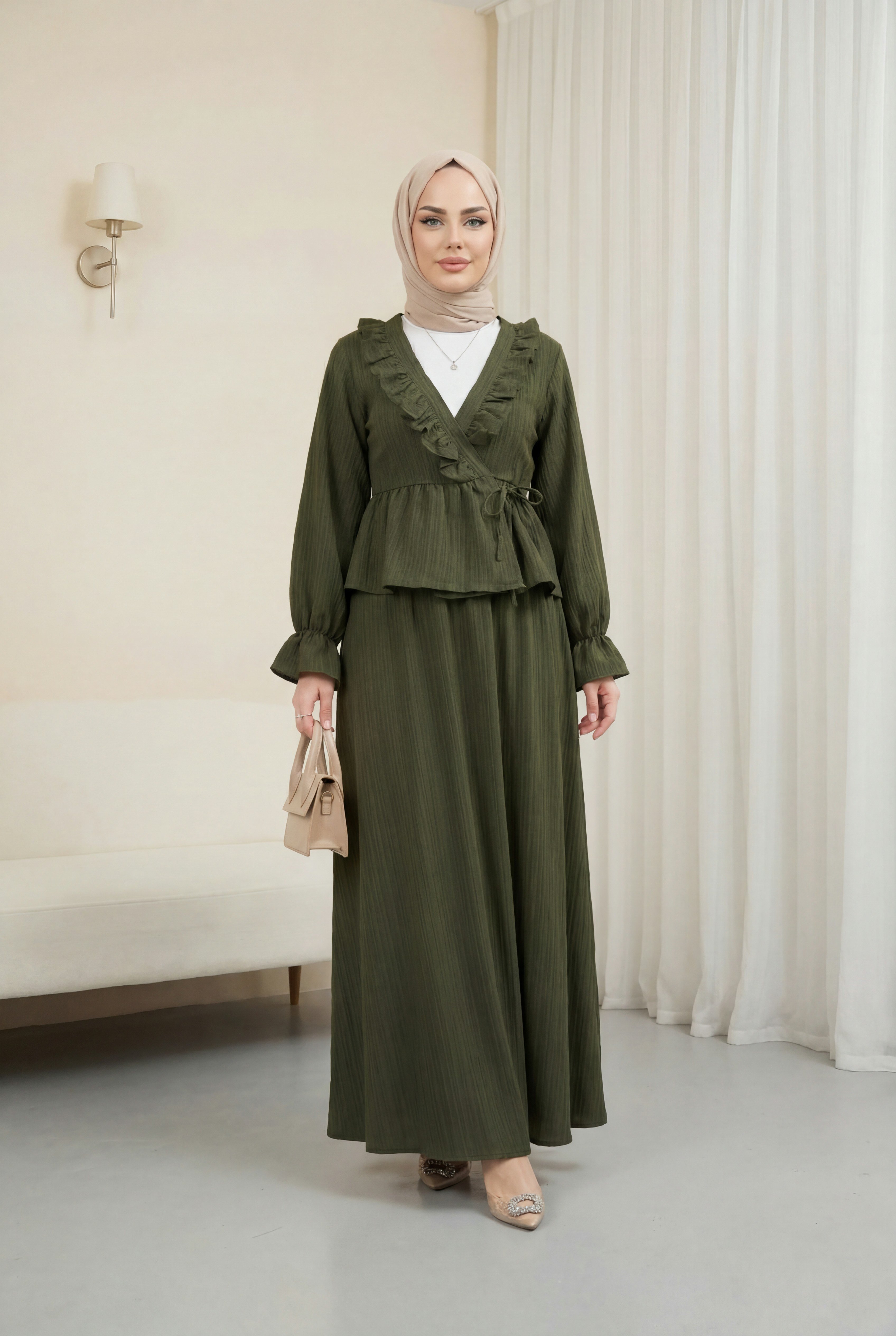 Yakası Fırfırlı Önü Bağlamalı Etekli Kimono Takım   -Haki