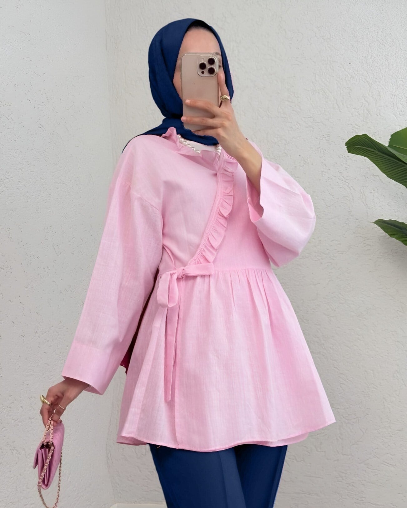 Yakası Fırfırlı Yandan Bağlamalı Keten Görünümlü Kimono  -Pembe