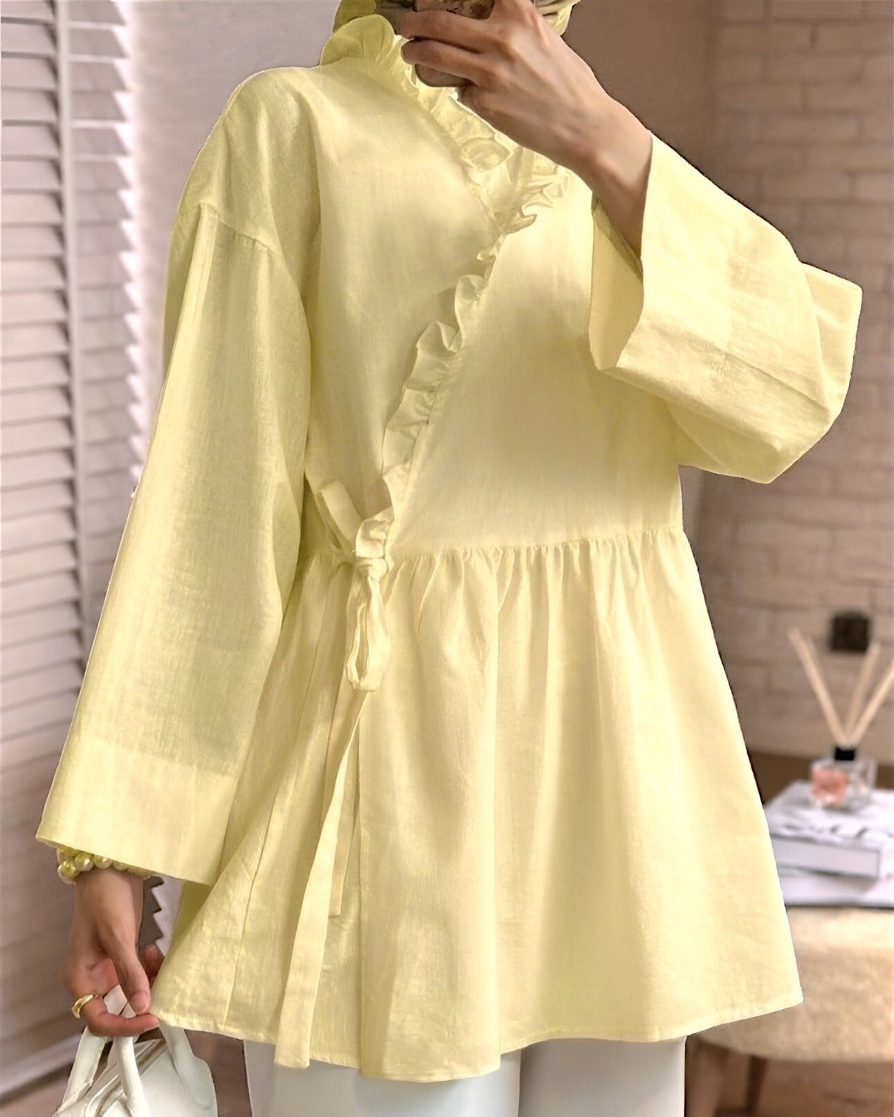 Yakası Fırfırlı Yandan Bağlamalı Keten Görünümlü Kimono   -Açık Sarı