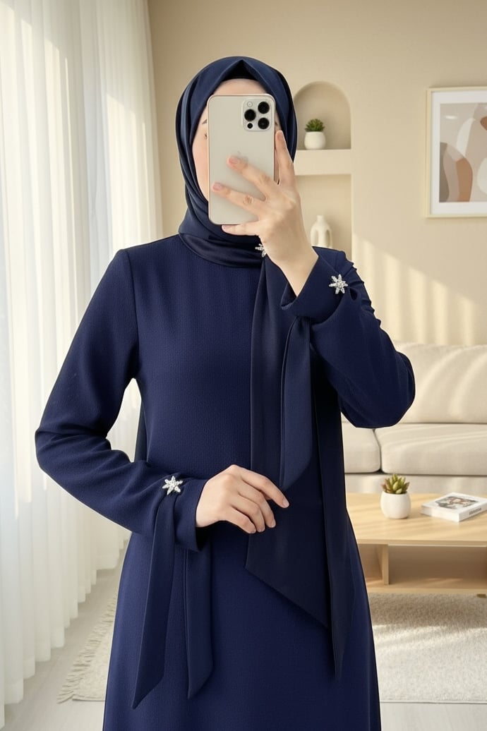 Yakası Fularlı Broş Detaylı Kolu Bağcıklı Krep Elbise -Laci