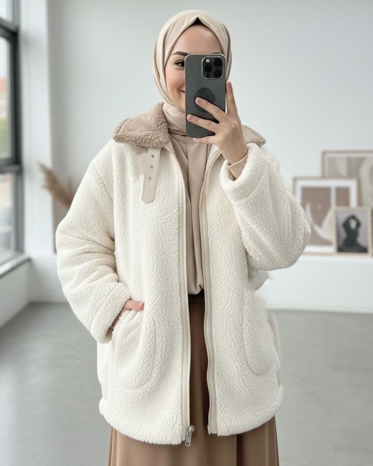 Yakası Garni Detaylı İçi Astarlı Cep Detaylı  Peluş Mont  -Bej