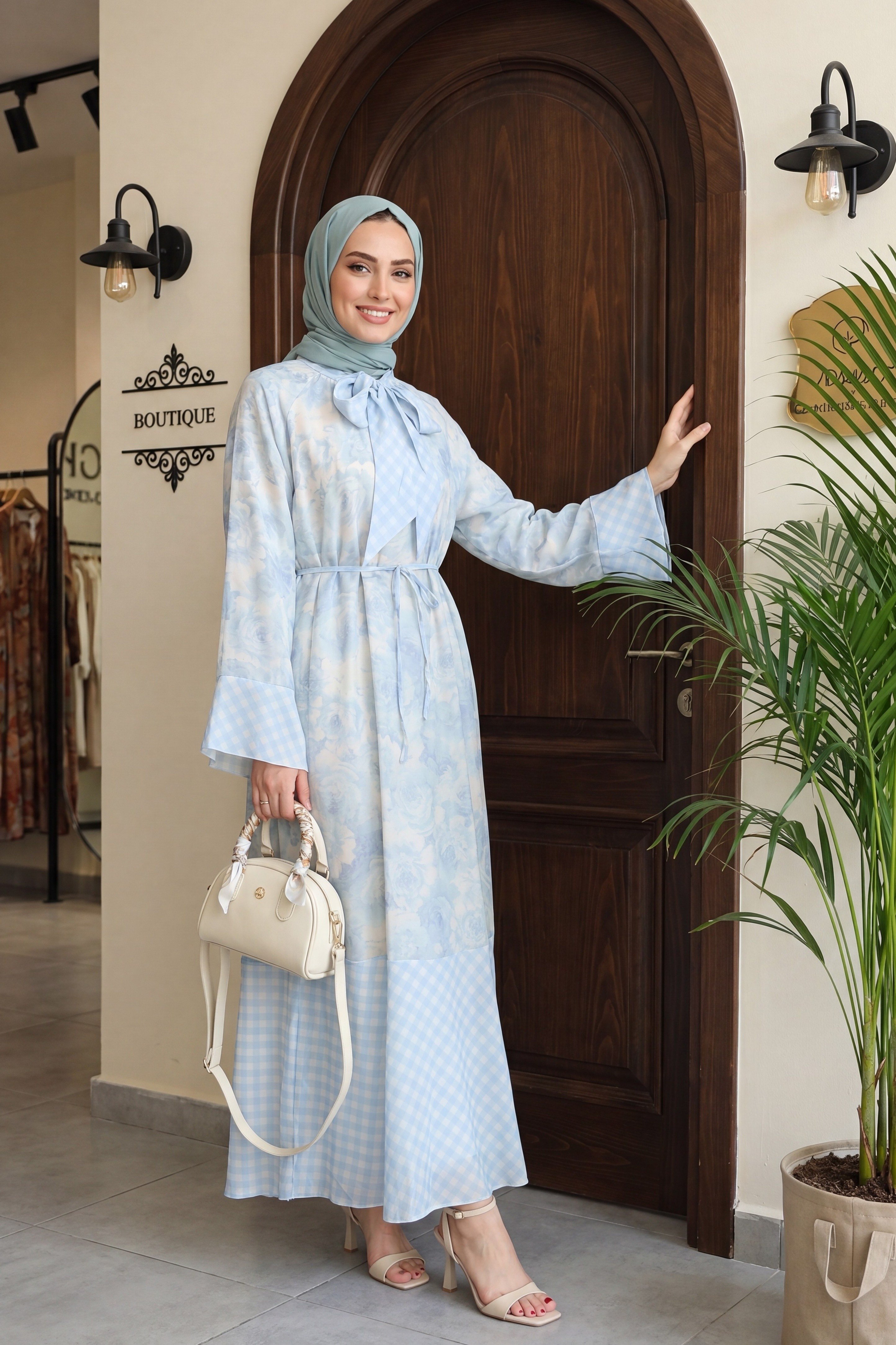 Yakası ve beli bağlamalı desenli astarlı şifon elbise -Açık Mavi