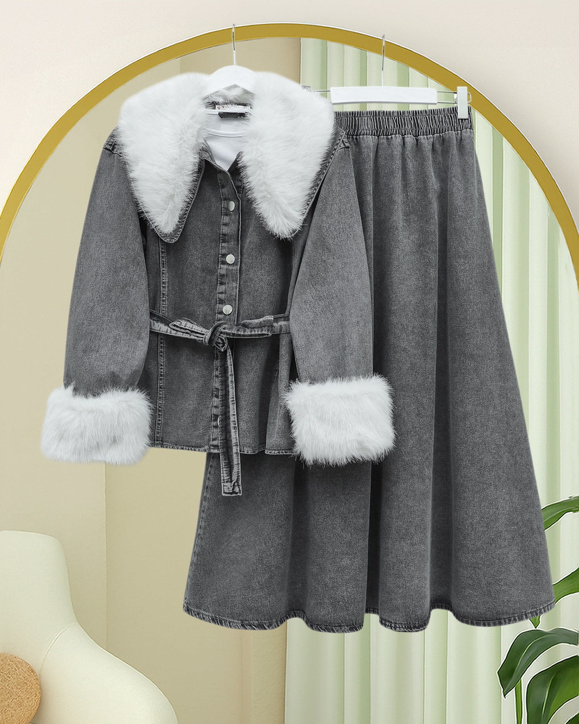 Yakası Ve Kolları Kürklü Beli Kuşaklı Bebe Yaka Kot Takım -Füme