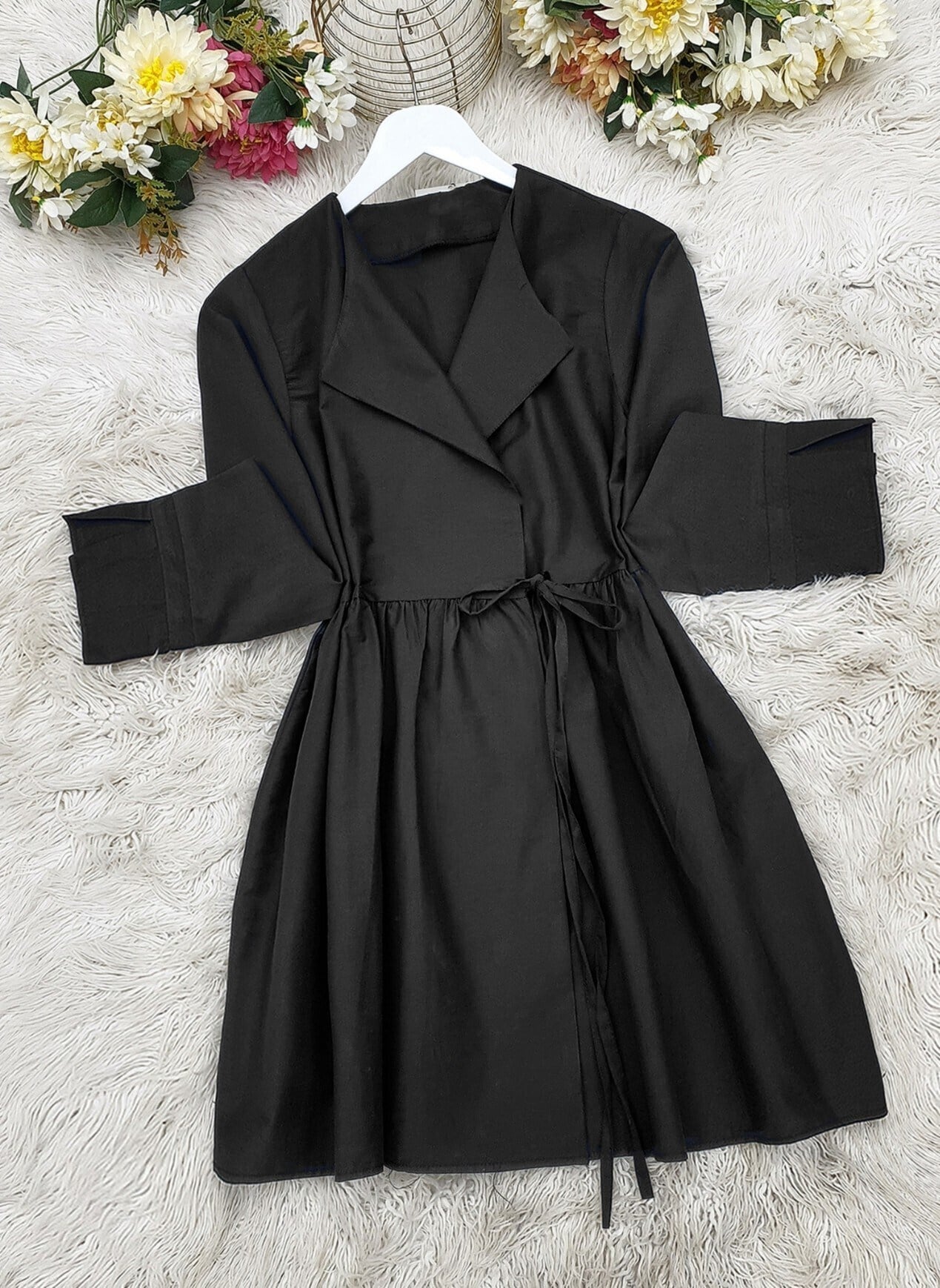 Yan Bağcıklı Kol Manşeti Yırtmaçlı Kimono -Siyah