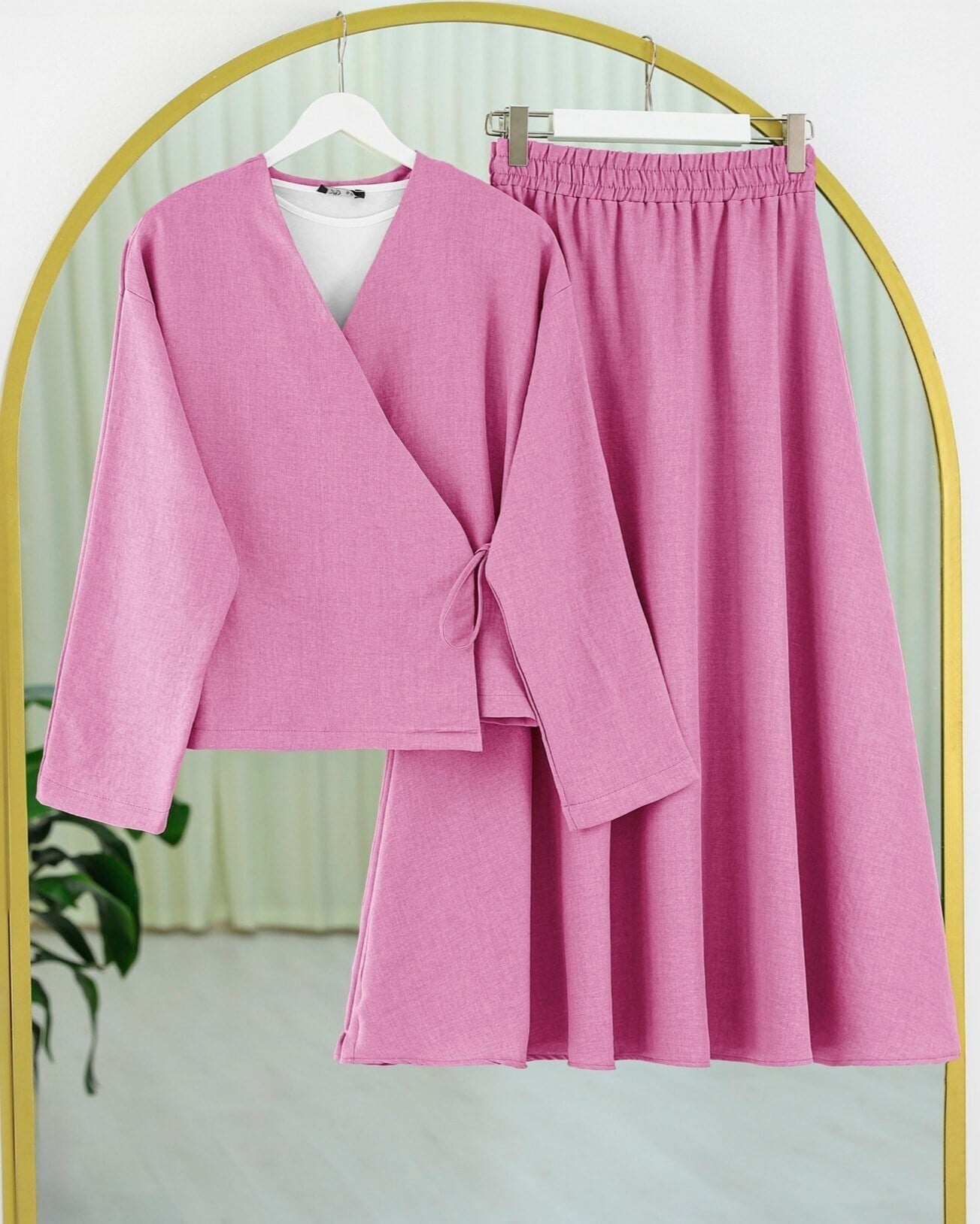 Yandan Bağlamalı Etekli Keten Görünümlü Takım   -Pembe