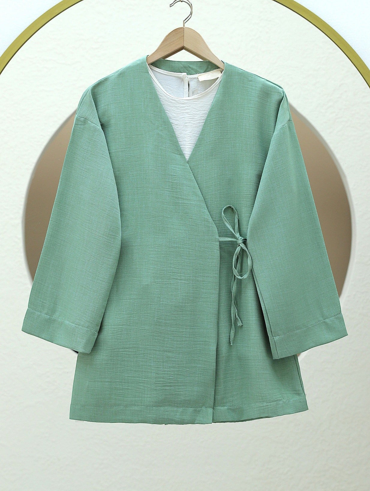 Yandan Bağlamalı Keten Görünümlü Kimono -Su Yeşili