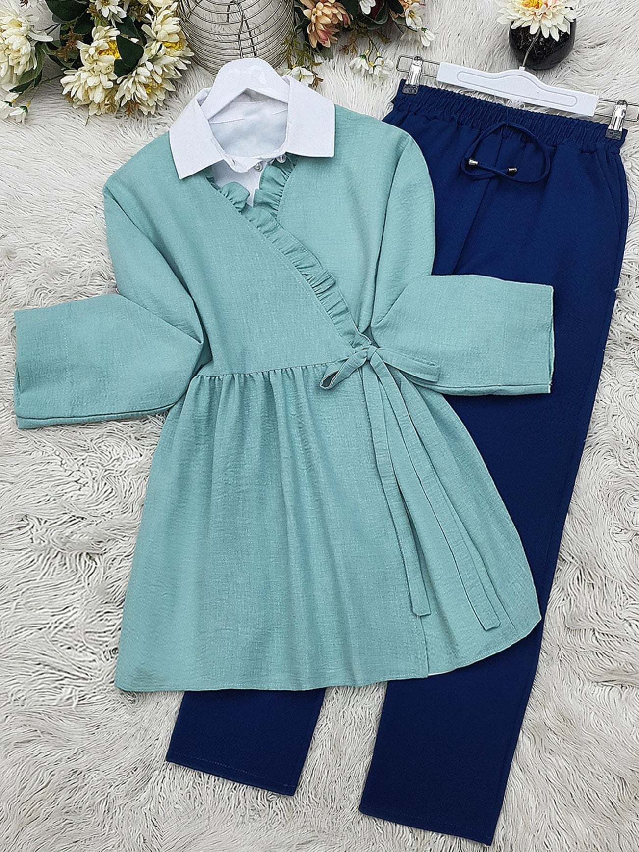 Yandan Çift Bağcıklı Yakası Fırfırlı Keten Görünümlü Kimono -Mint
