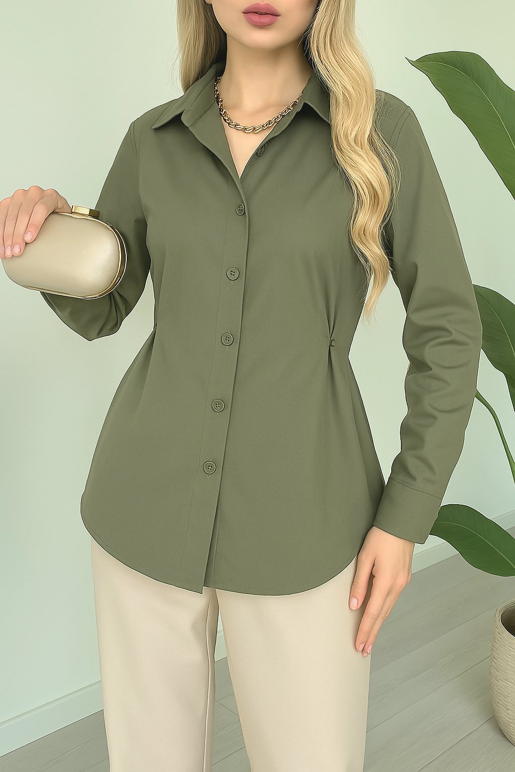 Yanları Düğme Detaylı Poplin Gömlek -Haki
