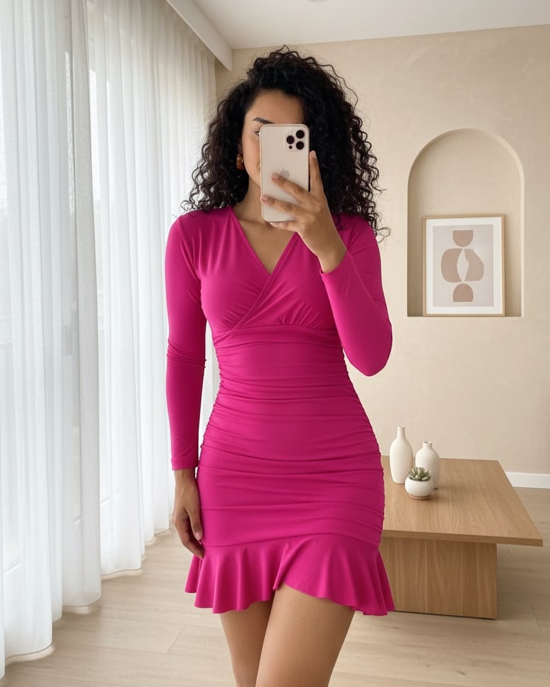 Yanları Lastikli Eteği Volanlı Sandy Mini Elbise -Fuşya
