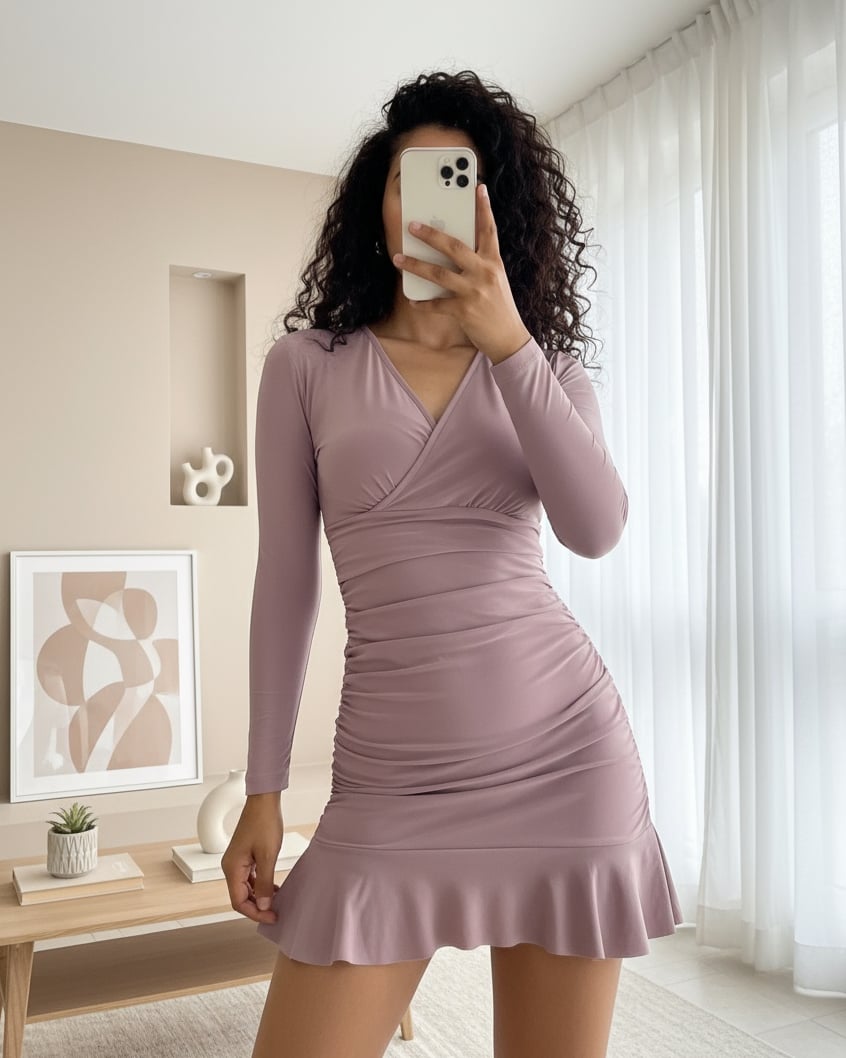 Yanları Lastikli Eteği Volanlı Sandy Mini Elbise -Vizon