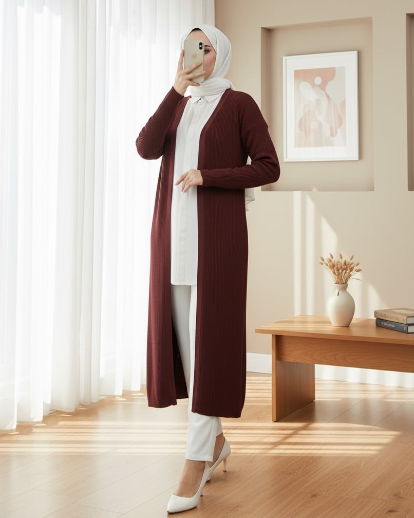 Yanları Yırtmaçlı Fitilli Uzun Triko Hırka  -Bordo