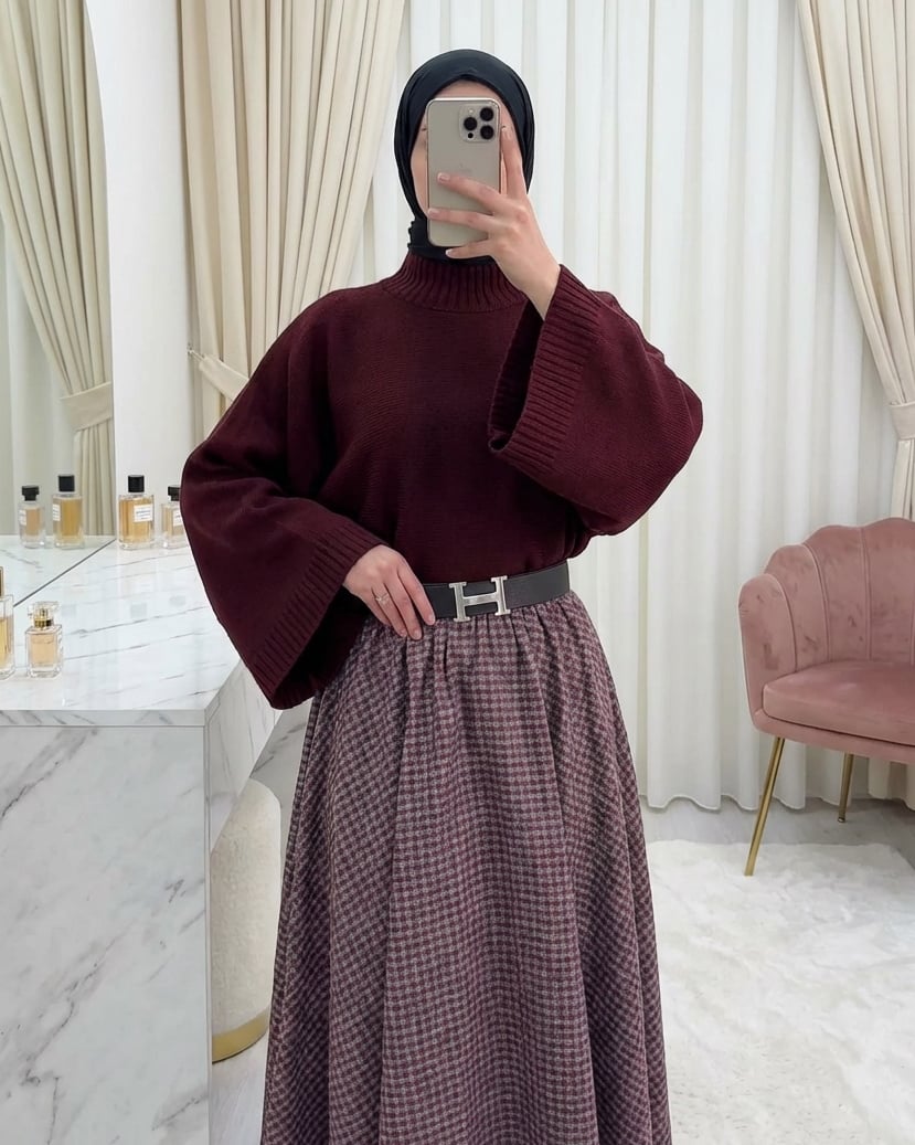 Yarım Boğaz Krop Triko Kazak -Bordo