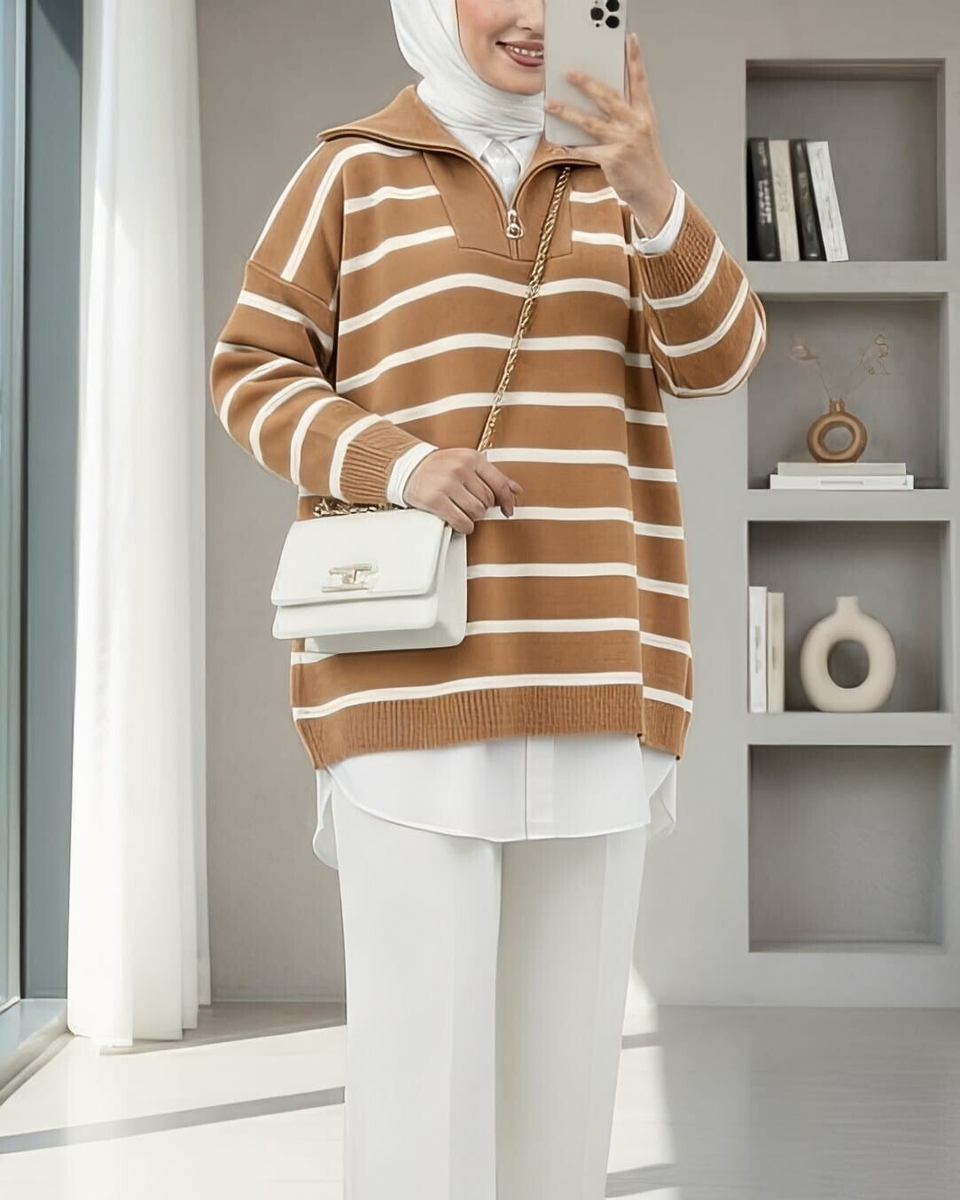 Yarım Boğazlı Fermuarlı Çift Plaka Triko Tunik    -Vizon