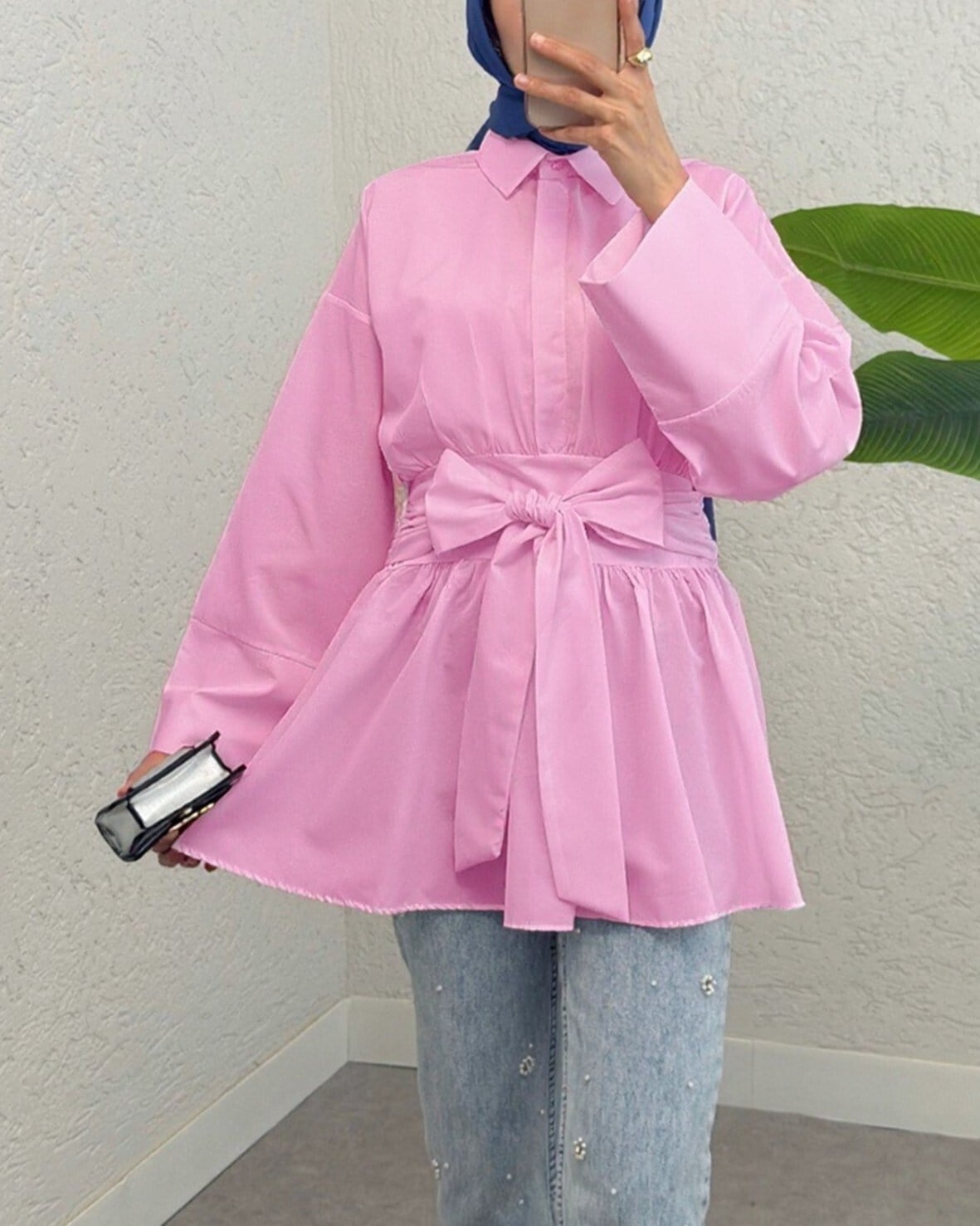 Yarım Düğmeli Beli Bağlamalı Yanı Fermuarlı Tunik  -Pembe