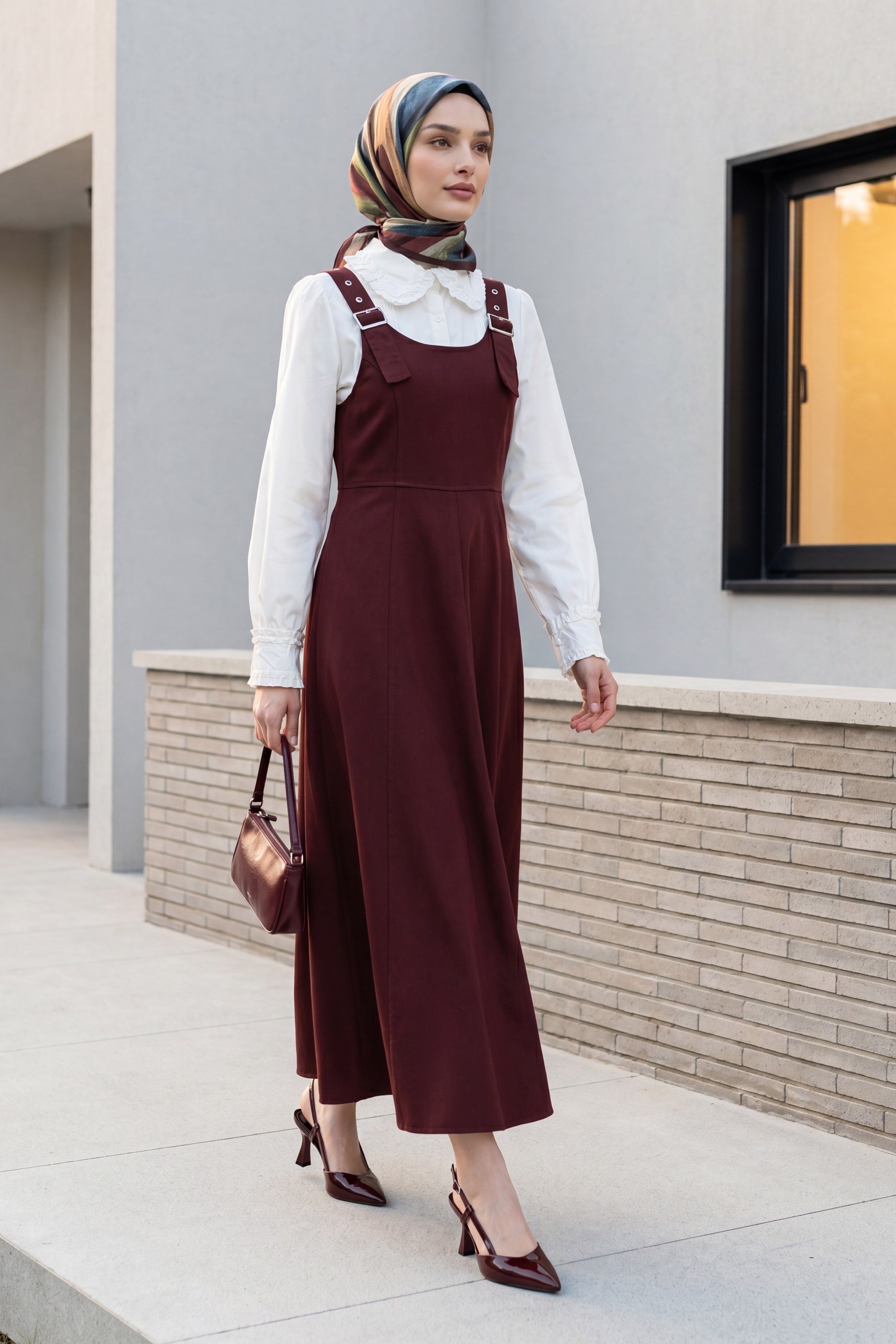 Yarım Fermuarlı Askılı Gabardin Jile  -Bordo