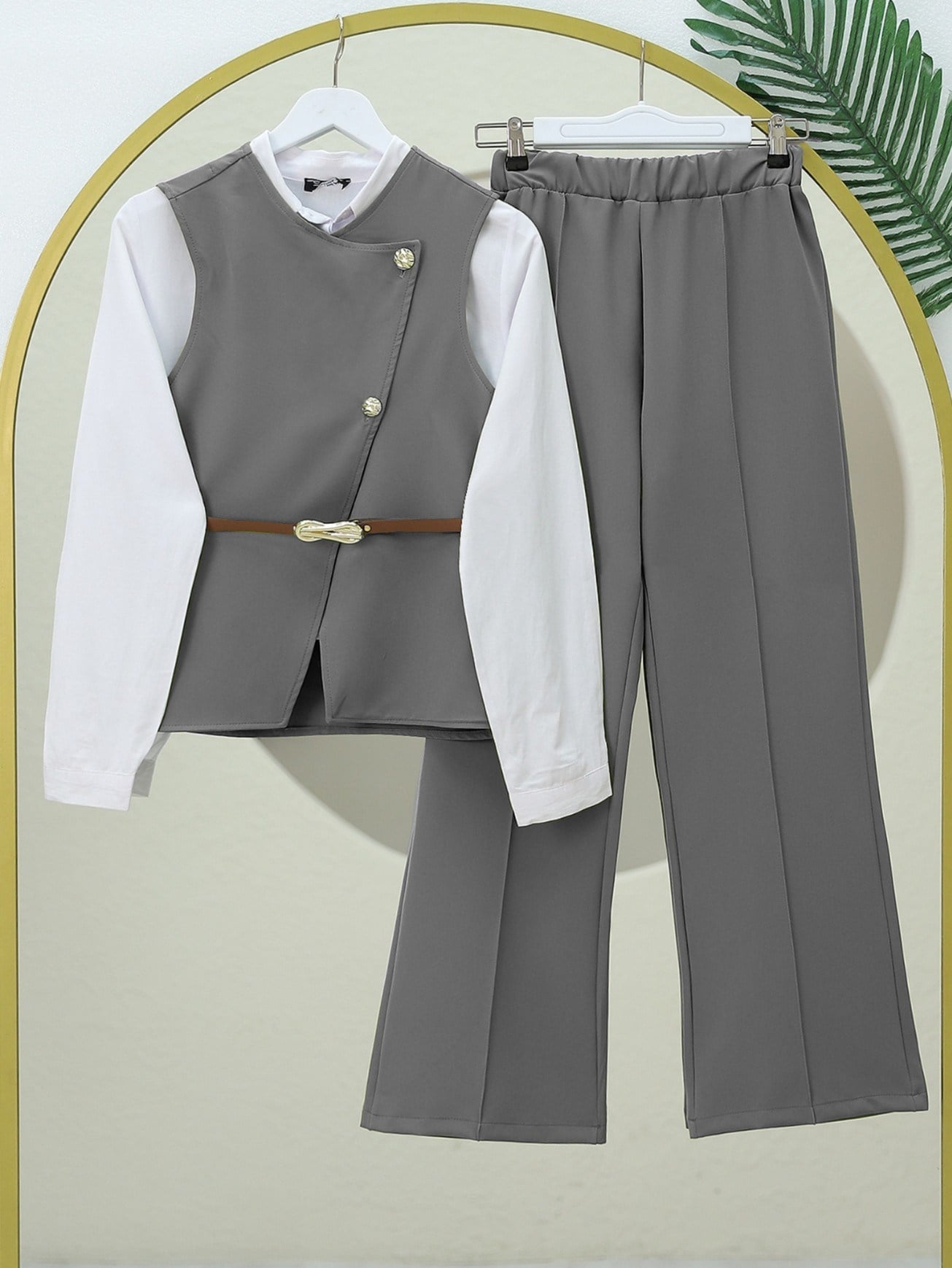 Yeleği Kemerli Bol Paça Pantololu Takım -Füme