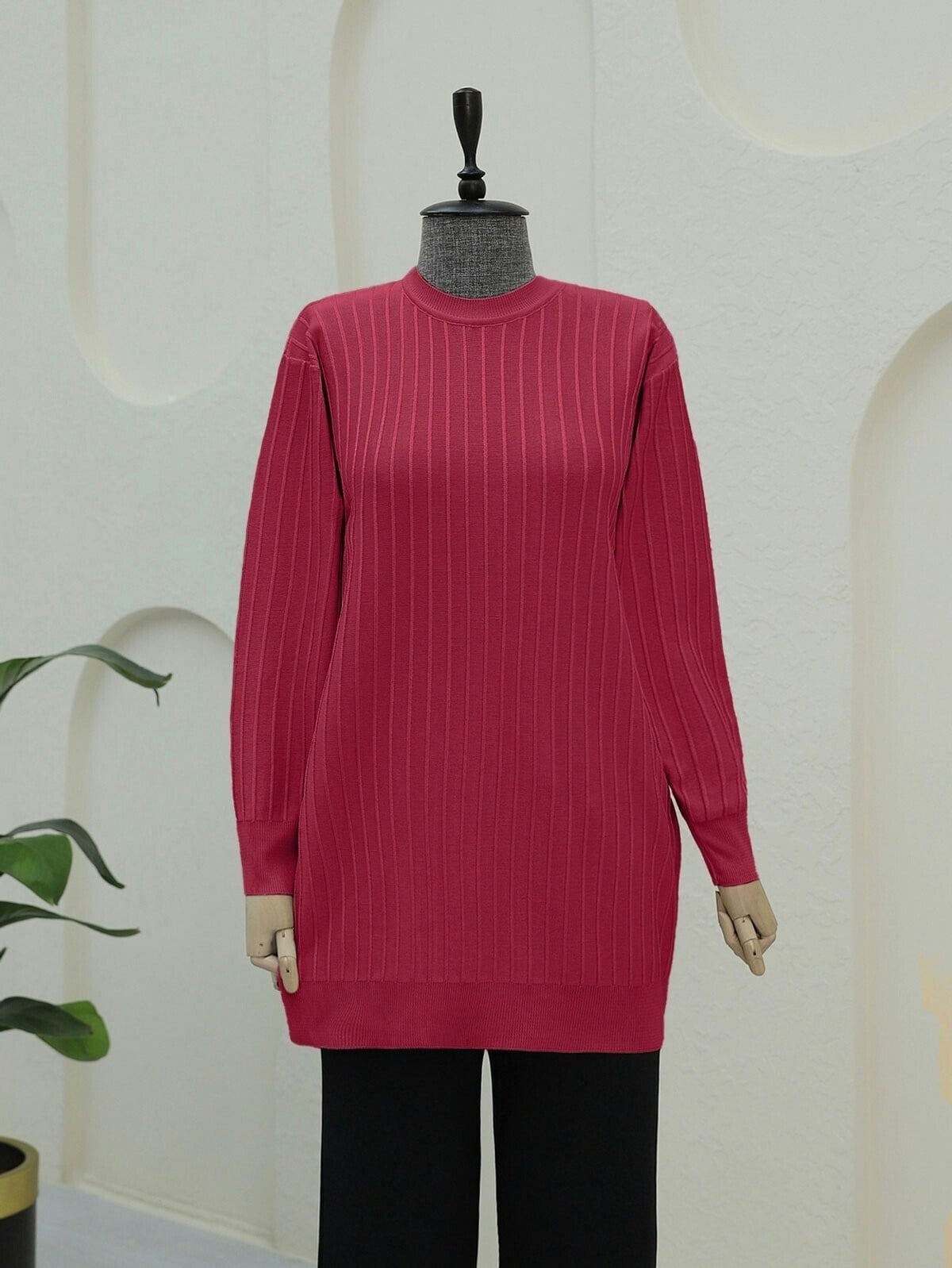 Yuvarlak Yaka İnce Çizgili Triko Tunik -Bordo