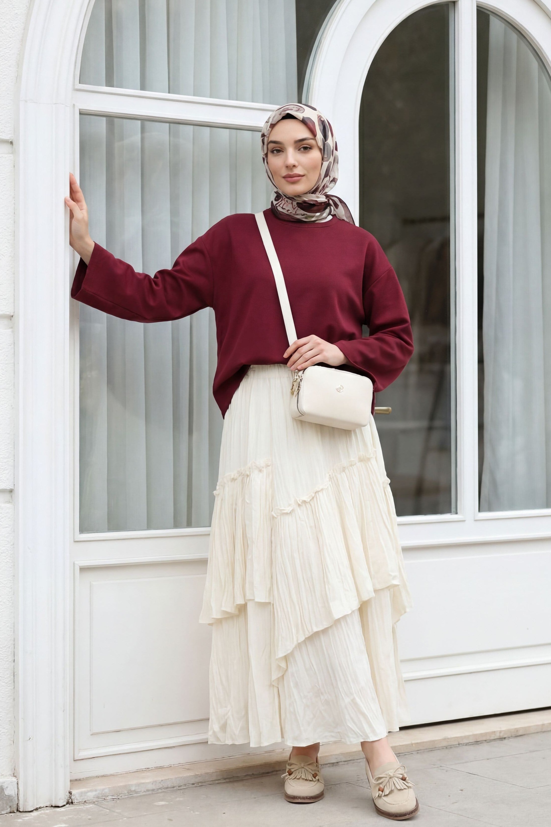 Yuvarlak Yaka Salaş Penye Bluz -Bordo