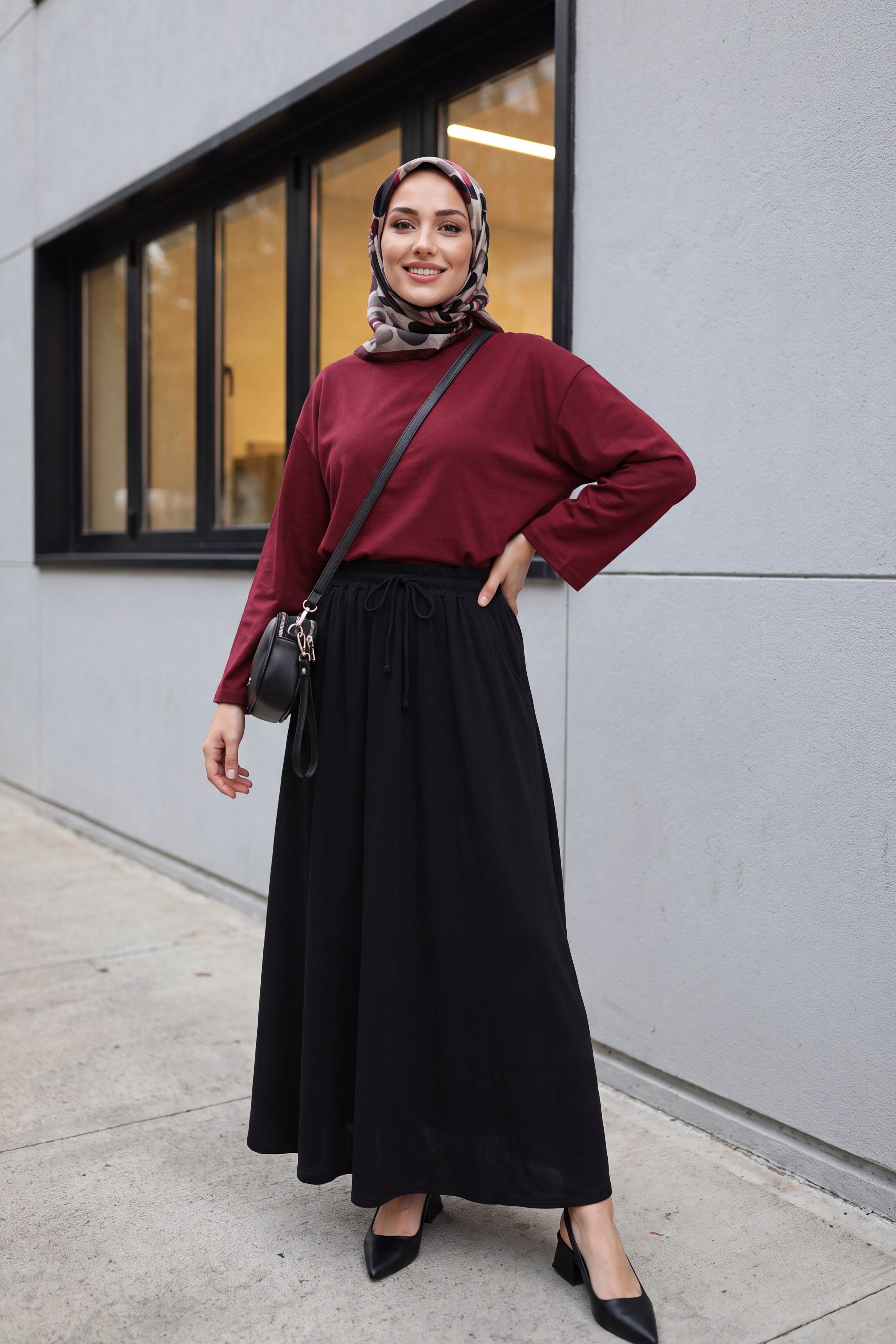 Yuvarlak Yaka Salaş Penye Tunik       -Koyu Bordo